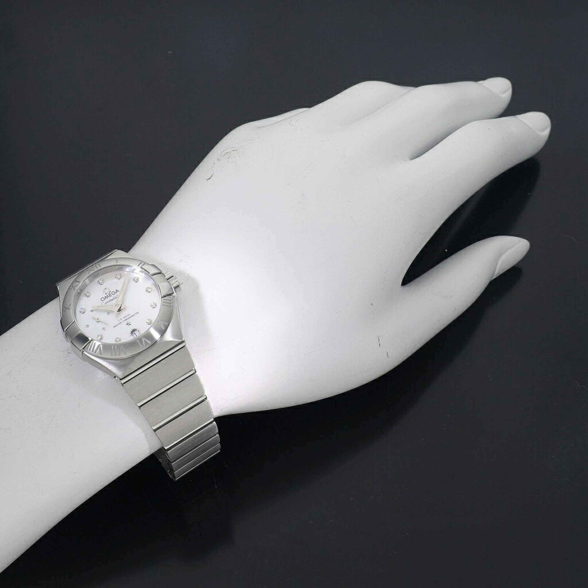 Omega White Shell Diamond Stainless Steel Constellation 127.10.27.20.55.001 Automatic Women's Wristwatch 27 Mm