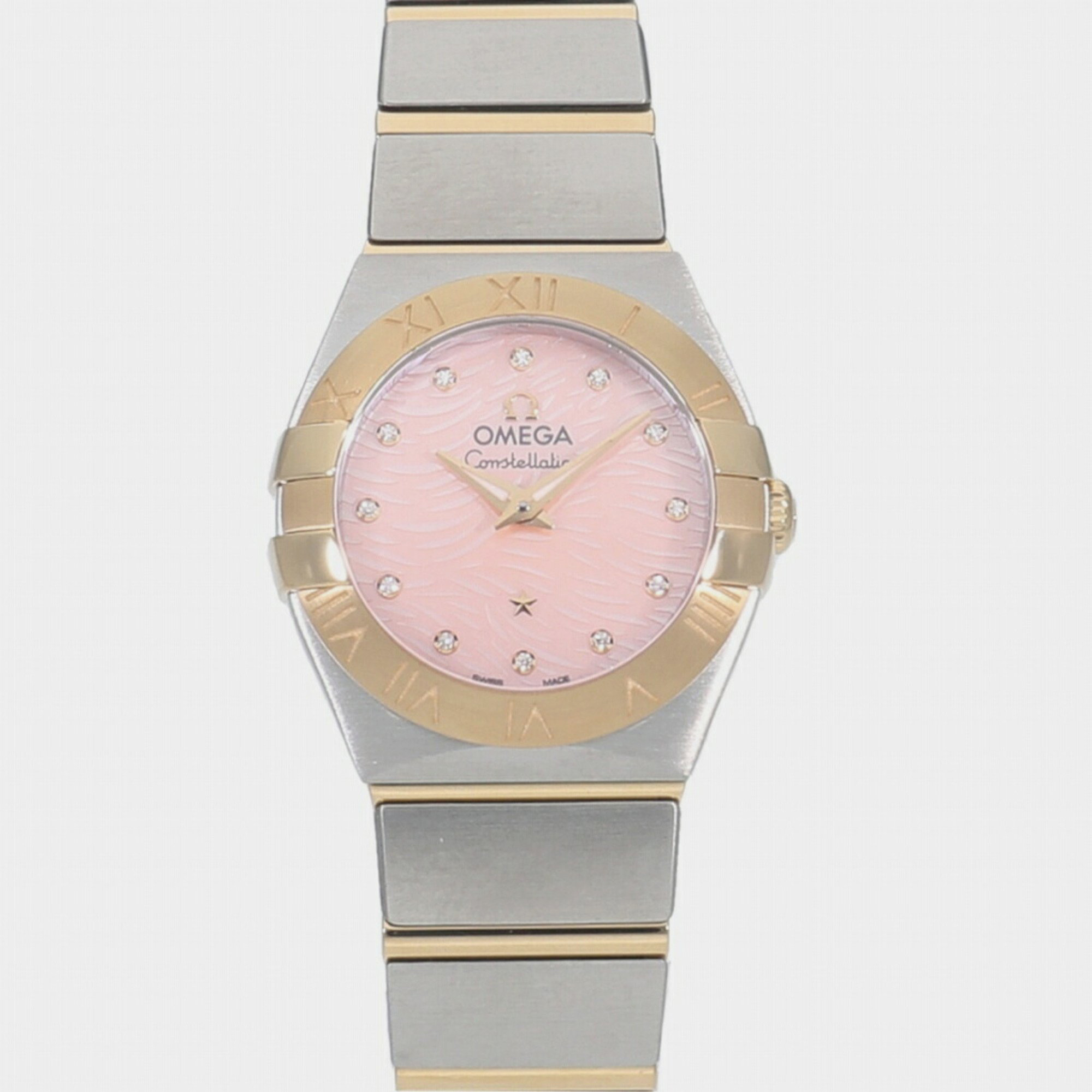 Omega Pink Shell Diamond 18k Yellow Gold And Stainless Steel Constellation 123.20.24.60.57.004 Quartz Women's Wristwatch 24 Mm