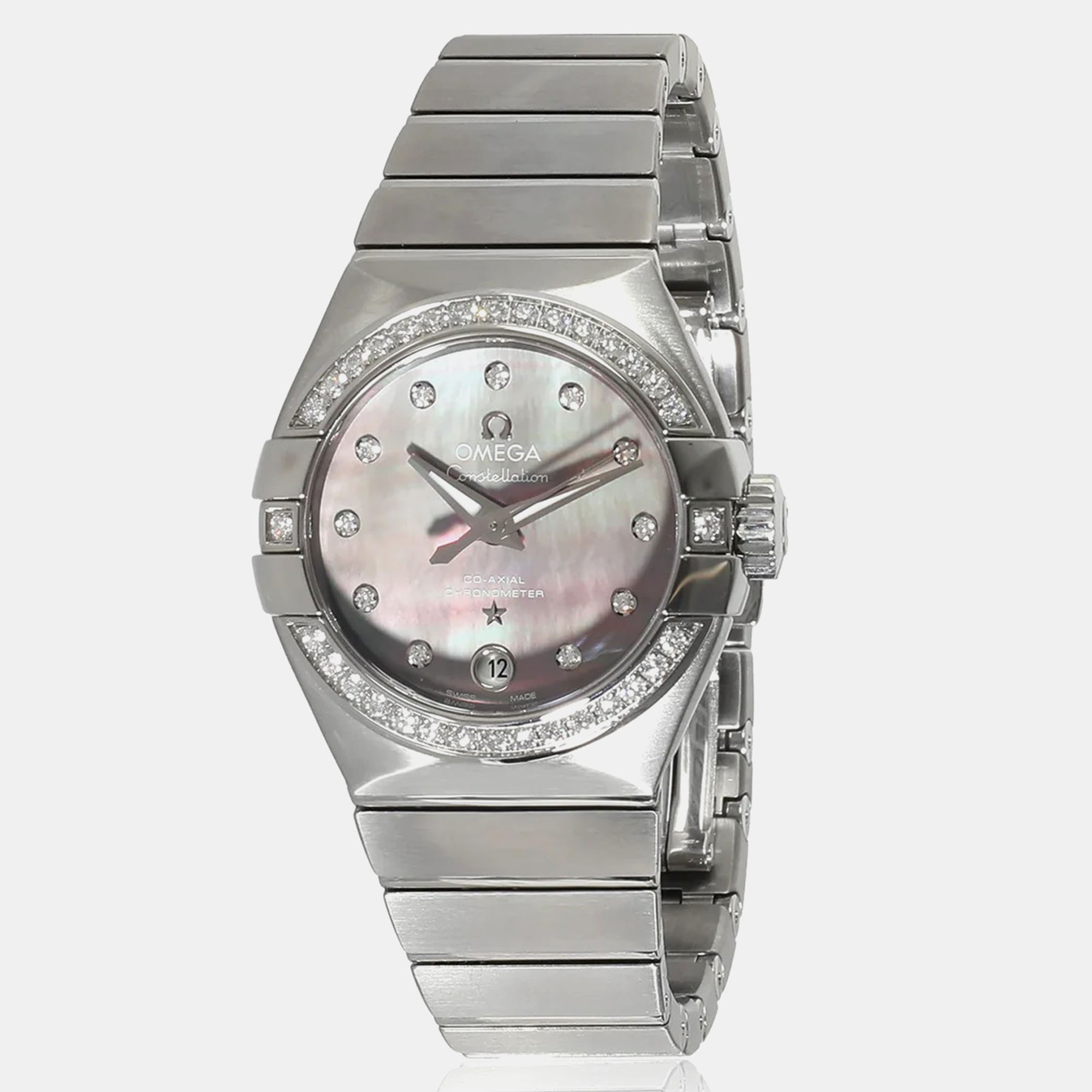Omega grey mother of pearl diamond stainless steel constellation automatic women's wristwatch 27 mm