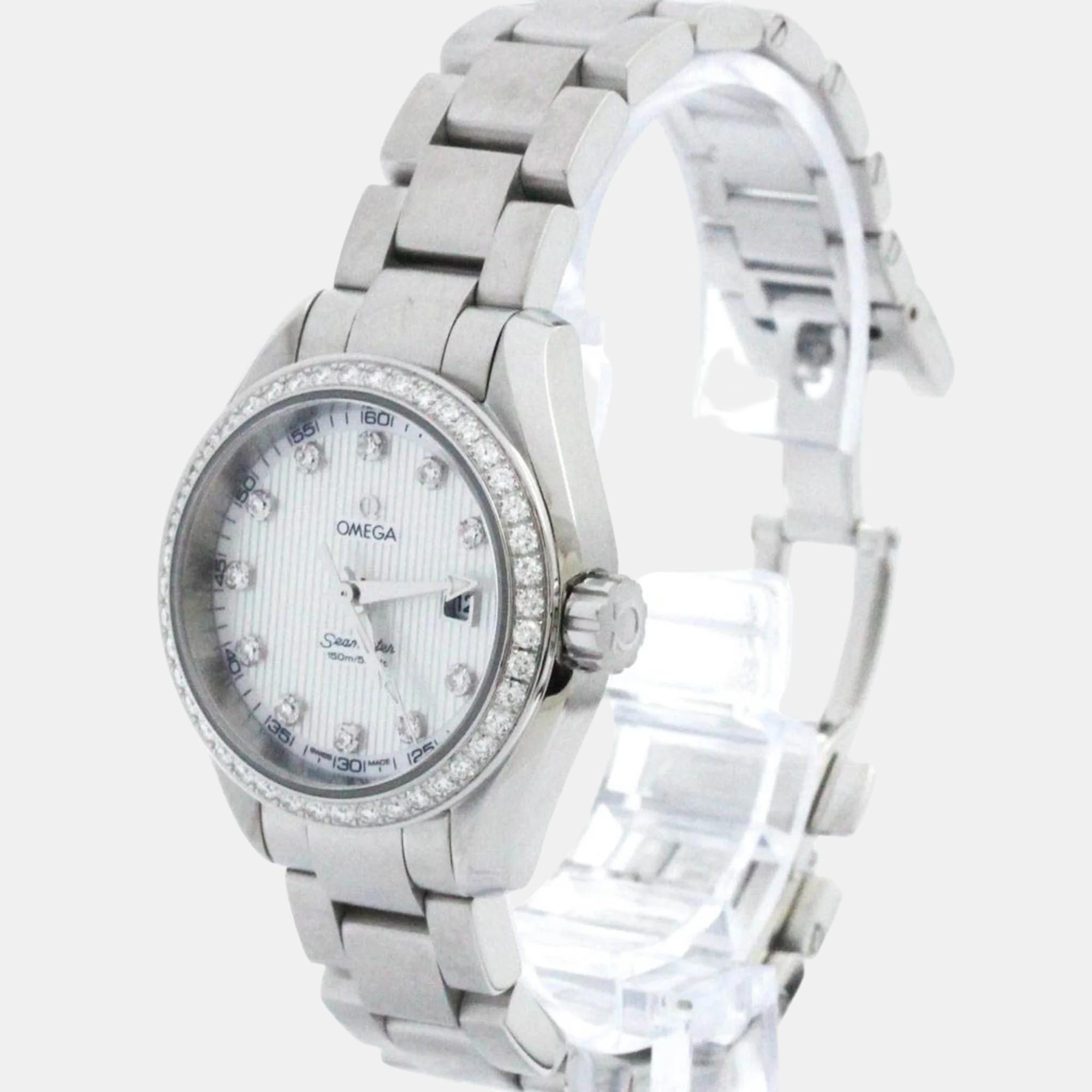 Omega White Diamond Shell Stainless Steel Seamaster Aqua Terra Quartz Women's Wristwatch 30 Mm