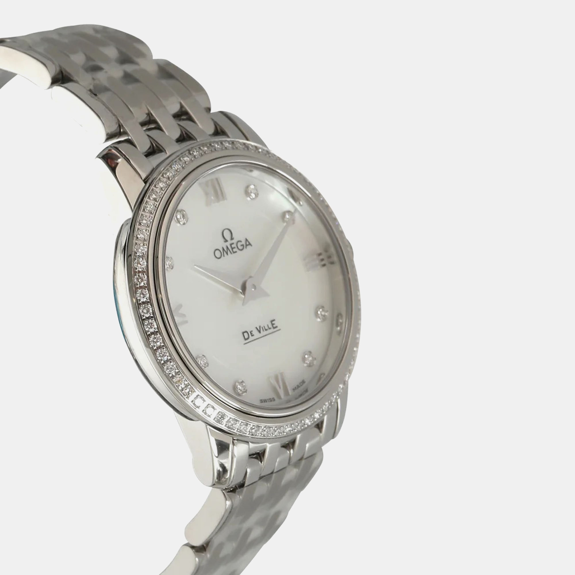 Omega White Diamond Stainless Steel De Ville Prestige 424.15.27.60.55.001 Quartz Women's Wristwatch 27 Mm