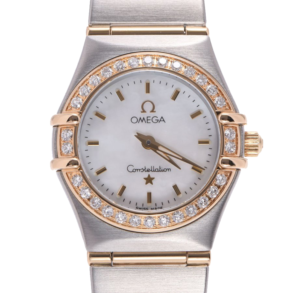 Omega White Diamonds 18K Yellow Gold And Stainless Steel Constellation 1267.70 Women's Wristwatch 22.5 MM