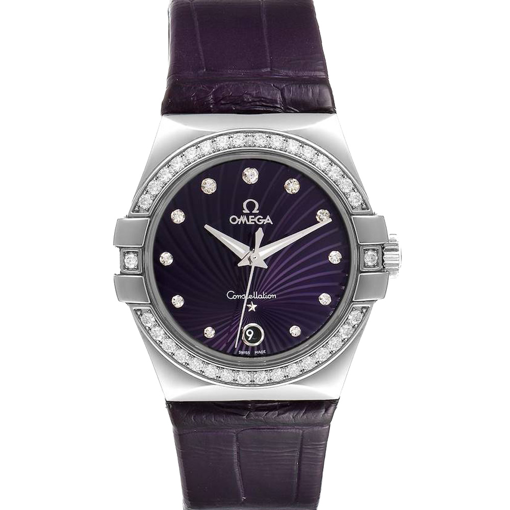 Omega Purple Diamonds Stainless Steel Constellation 123.18.35.60.60.001 Men's Wristwatch 35 MM