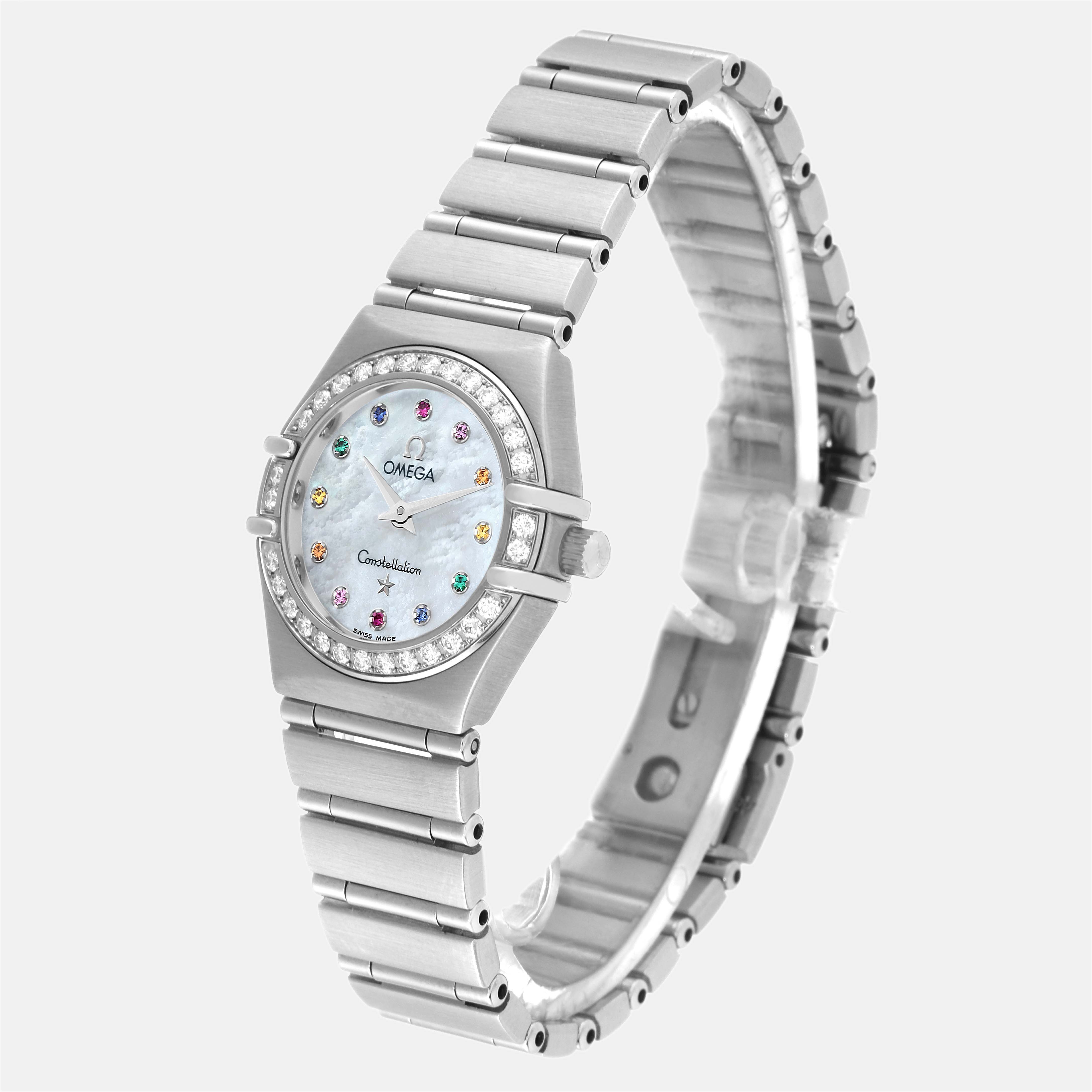 Omega White Shell Diamond Stainless Steel Constellation 1460.79.00 Quartz Women's Wristwatch 22.5 Mm