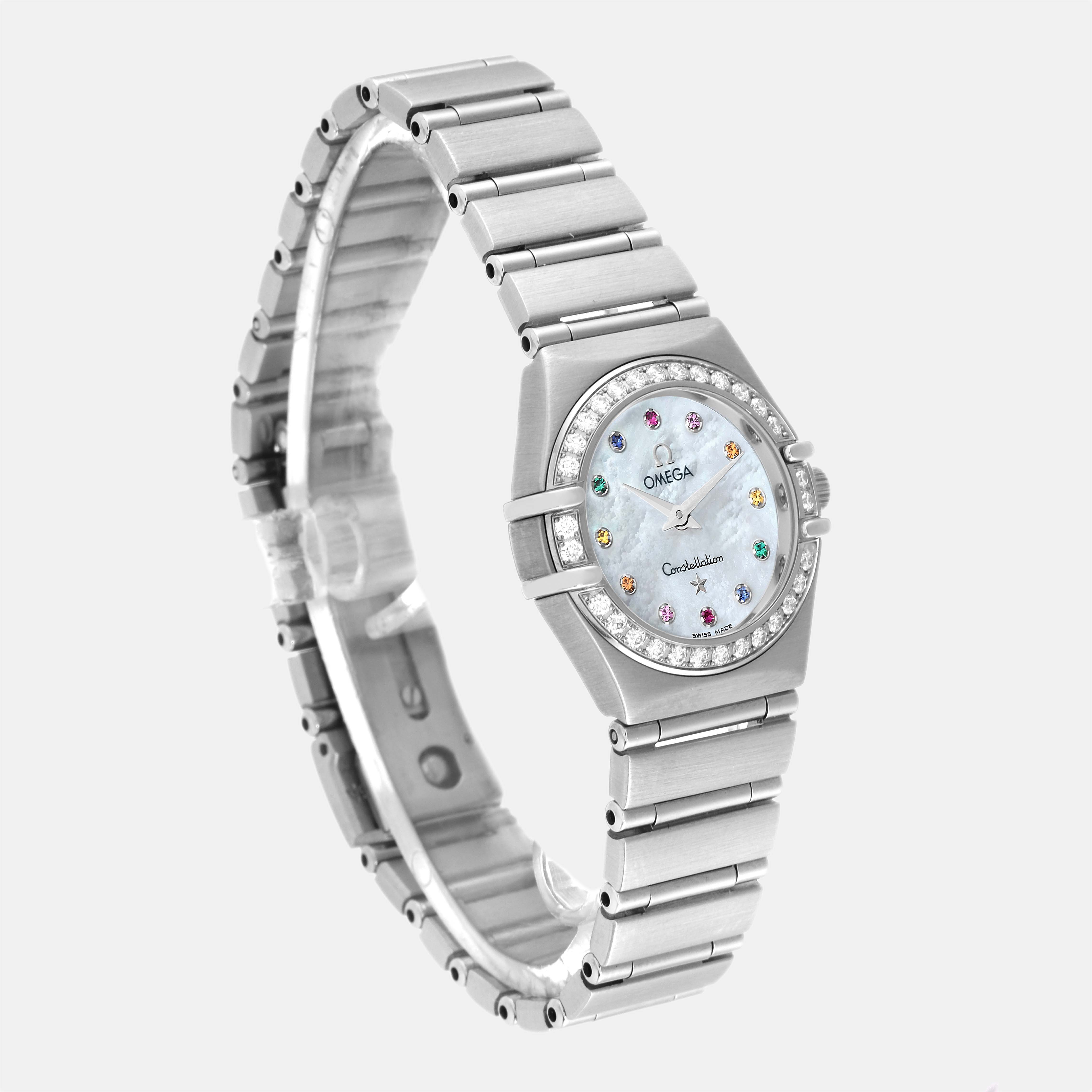 Omega White Shell Diamond Stainless Steel Constellation 1460.79.00 Quartz Women's Wristwatch 22.5 Mm