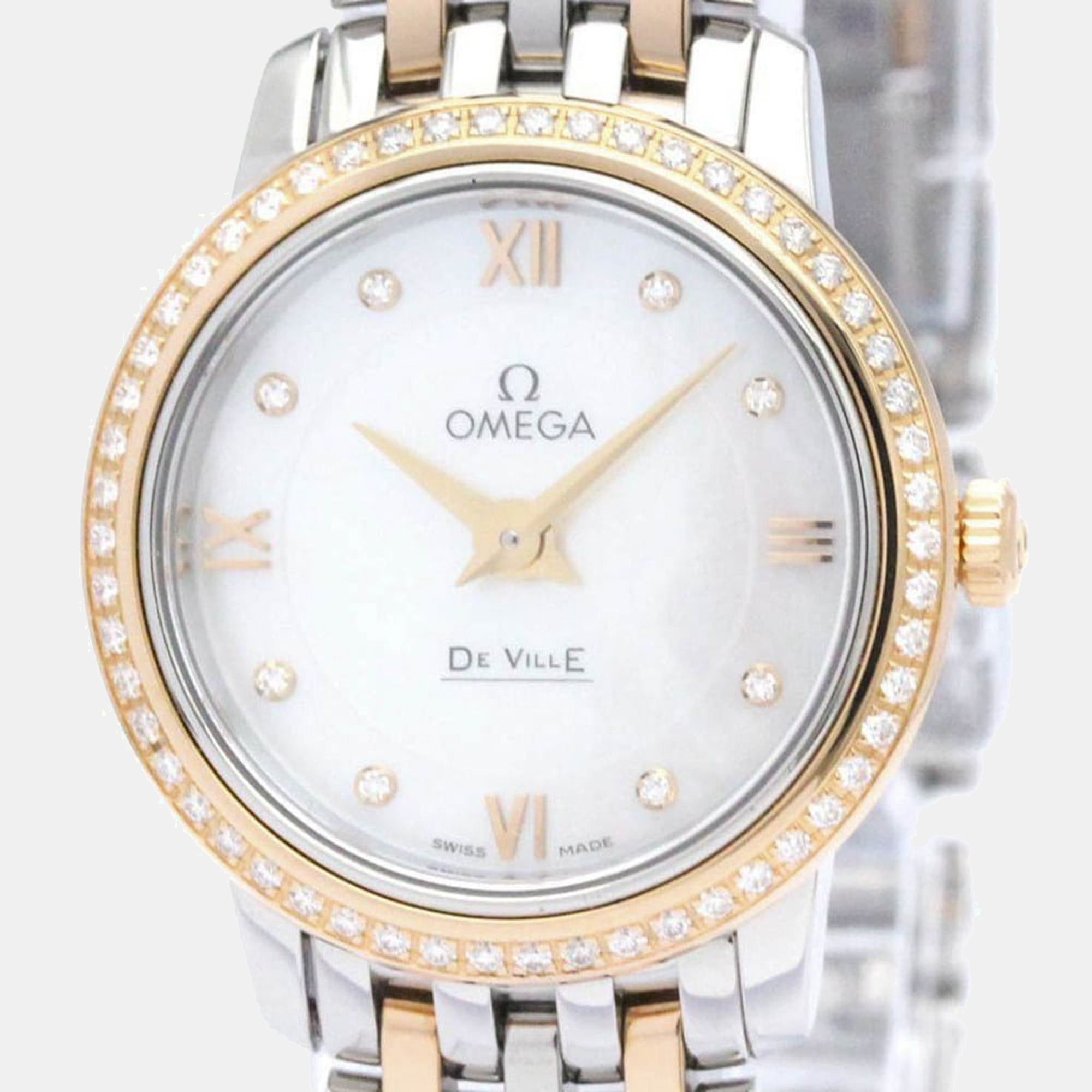 Omega mop diamonds 18k rose gold and stainless steel de ville 424.25.24.60.55.00 women's wristwatch 24 mm