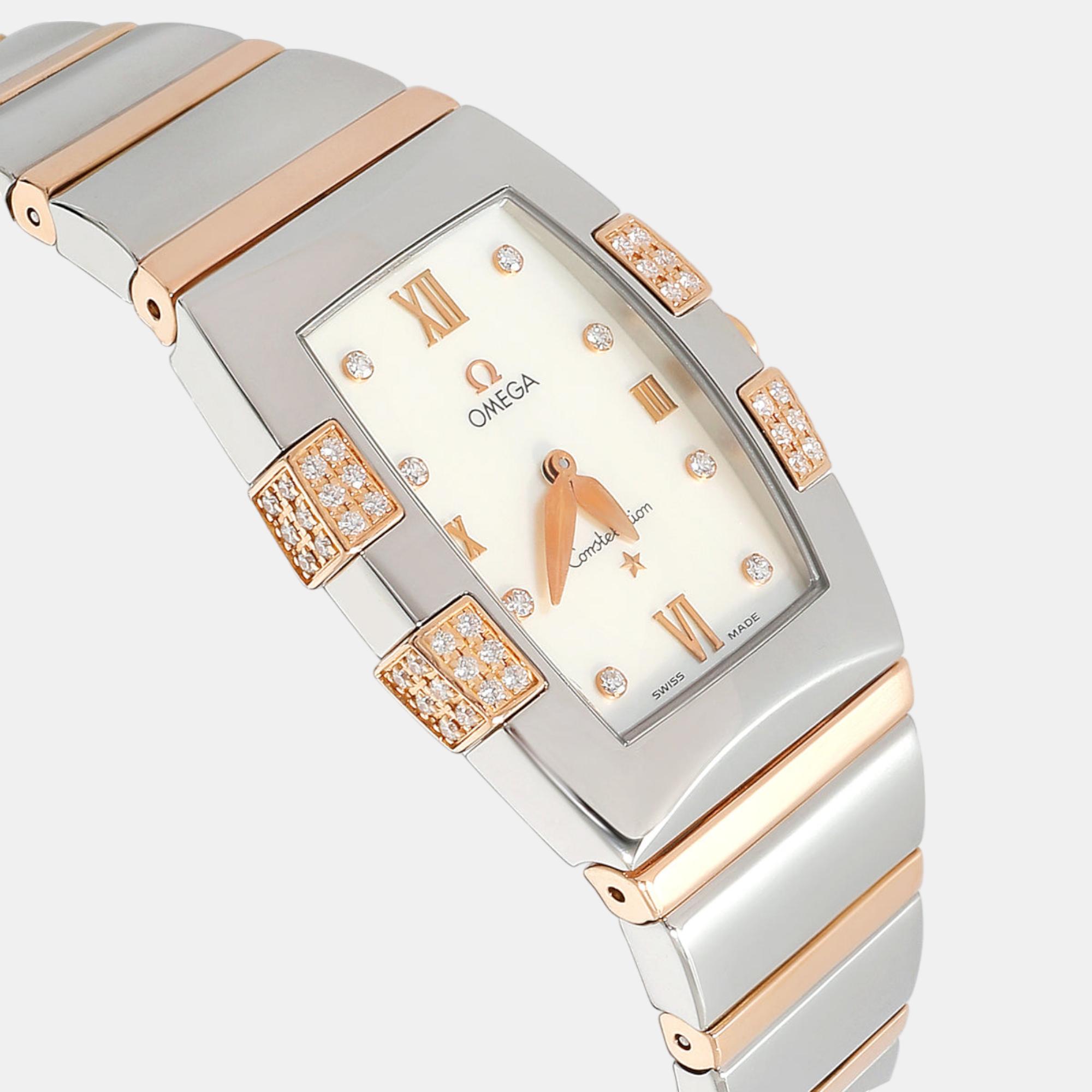 Omega White Mother Of Pearl 18k Rose Gold And Stainless Steel Constellation Quadrella 1286.75 Quartz Women's Wristwatch 25 Mm