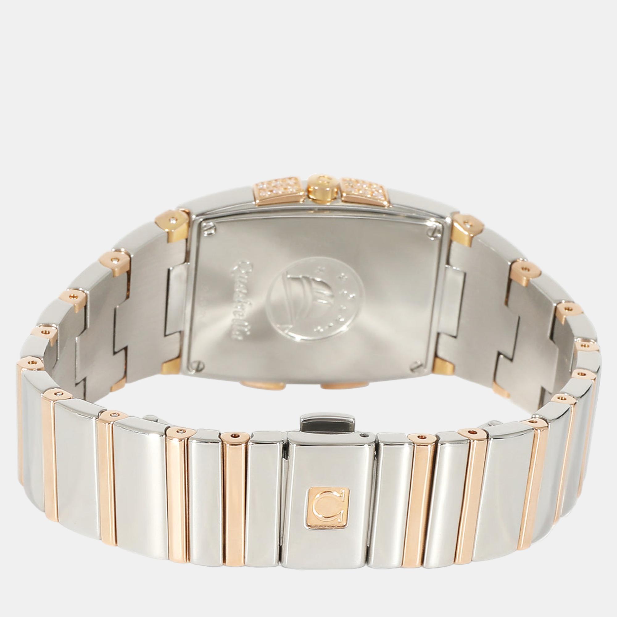 Omega White Mother Of Pearl 18k Rose Gold And Stainless Steel Constellation Quadrella 1286.75 Quartz Women's Wristwatch 25 Mm