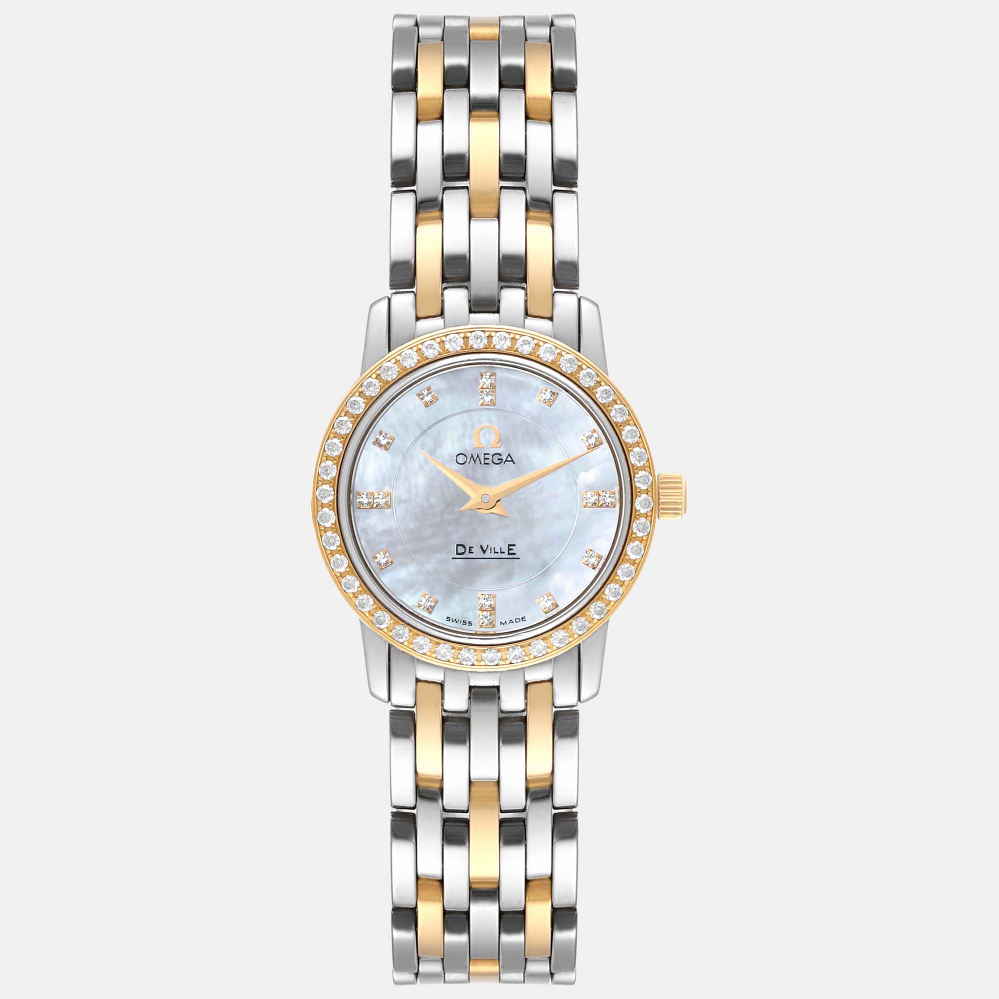 Omega Mother Of Pearl 18k Yellow Gold And Stainless Steel De Ville Prestige 4375.75 Quartz Women's Wristwatch 22 Mm