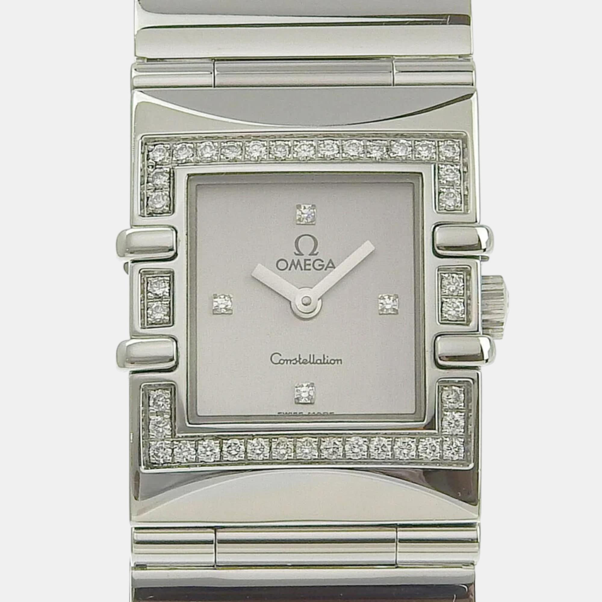 Omega Silver Diamond Stainless Steel Constellation 1528.36 Quartz Women's Wristwatch 20 Mm