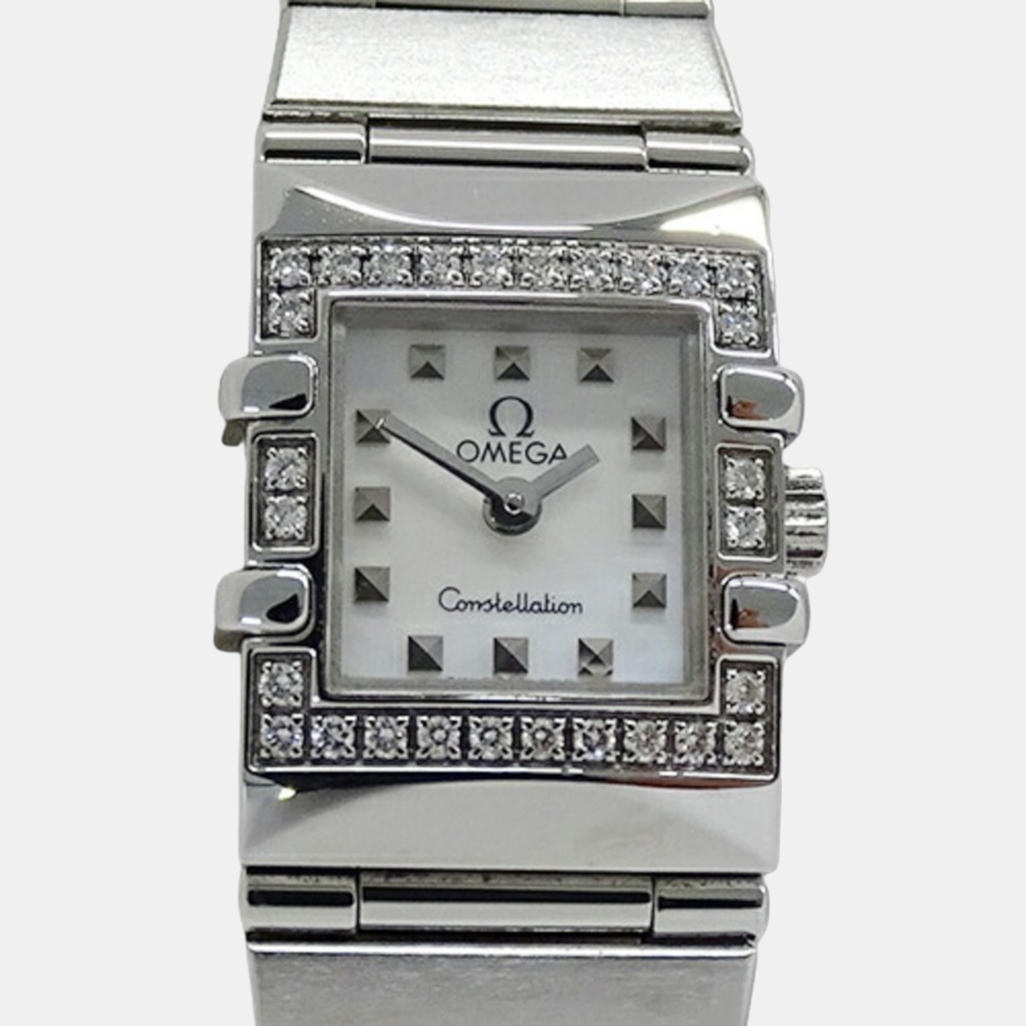 Omega Silver Shell Diamond Stainless Steel Constellation 1537.71 Quartz Women's Wristwatch 15 Mm