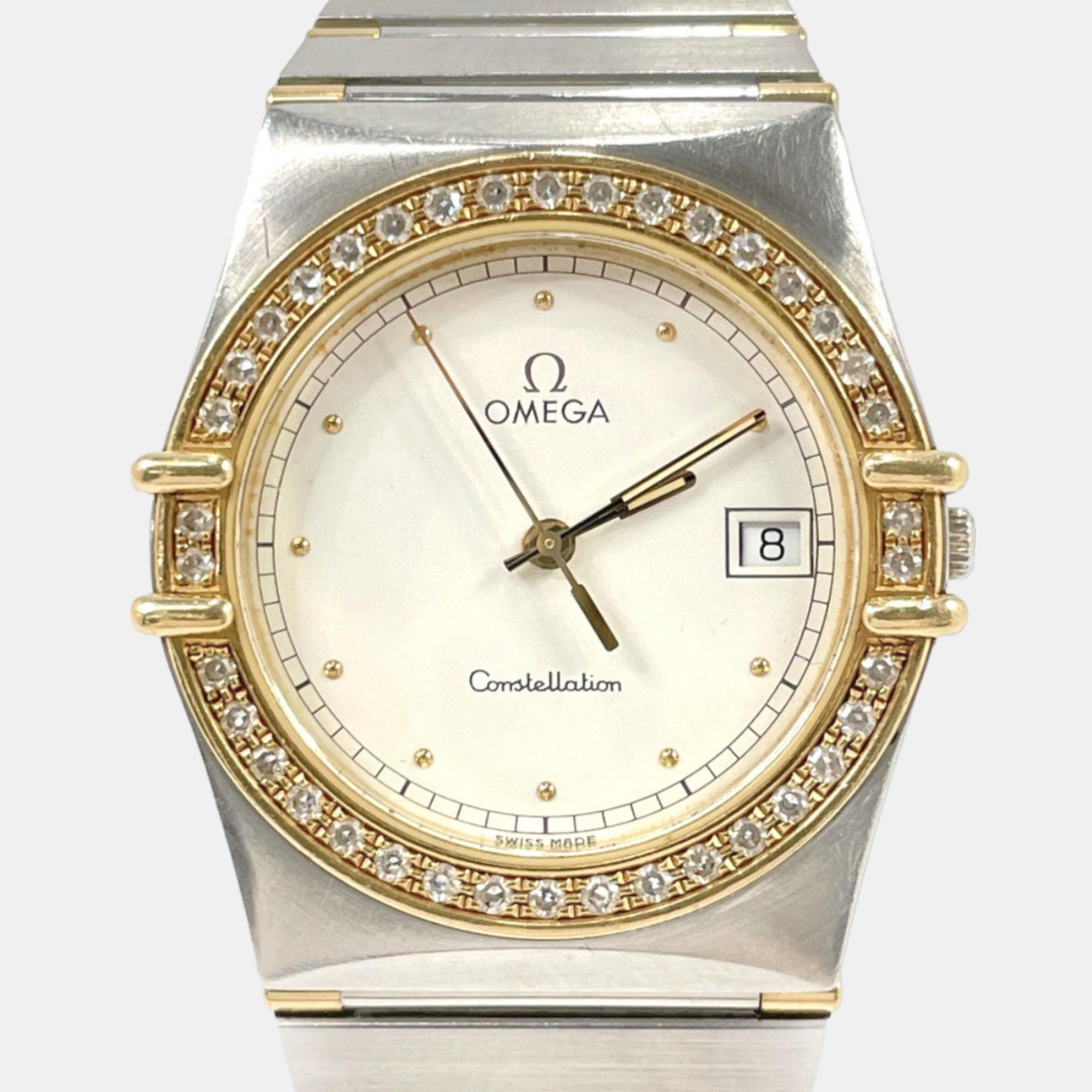 Omega White 18k Yellow Gold And Stainless Steel Constellation 1448/431.6 Quartz Women's Wristwatch 32 Mm