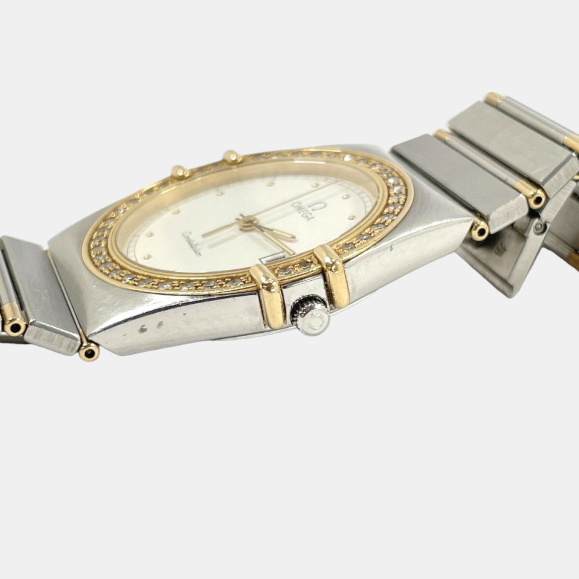 Omega White 18k Yellow Gold And Stainless Steel Constellation 1448/431.6 Quartz Women's Wristwatch 32 Mm