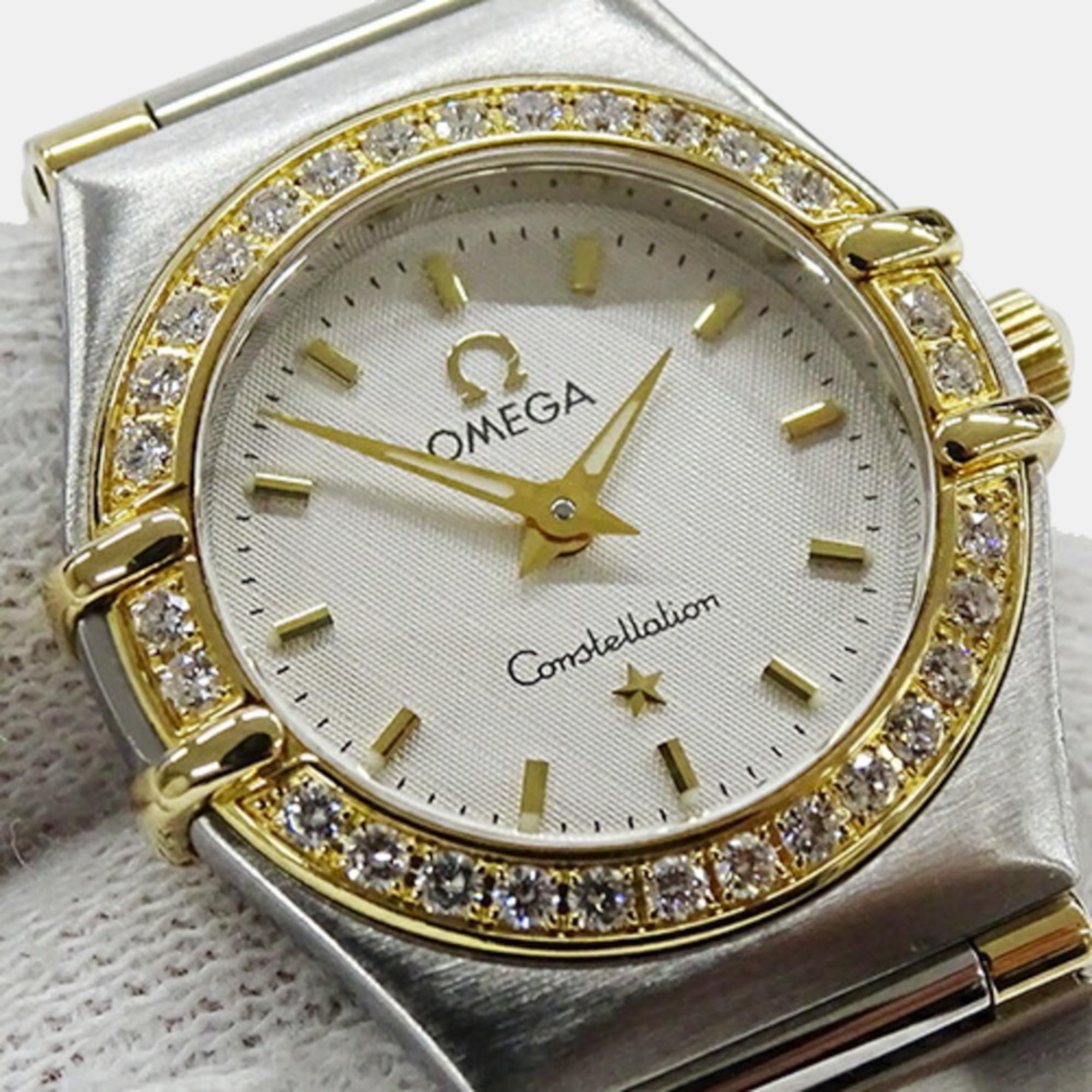 Omega White 18k Yellow Gold And Stainless Steel Constellation 1267.30 Quartz Women's Wristwatch 23 Mm