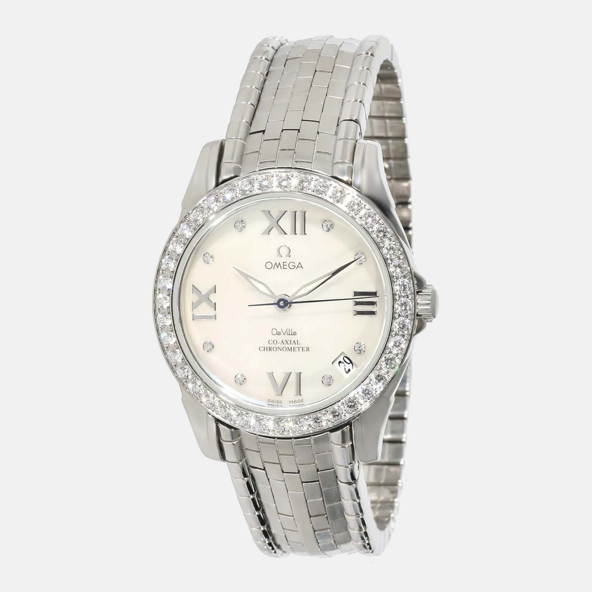 Omega white stainless steel de ville 4586.75.00 automatic women's wristwatch 32.5 mm