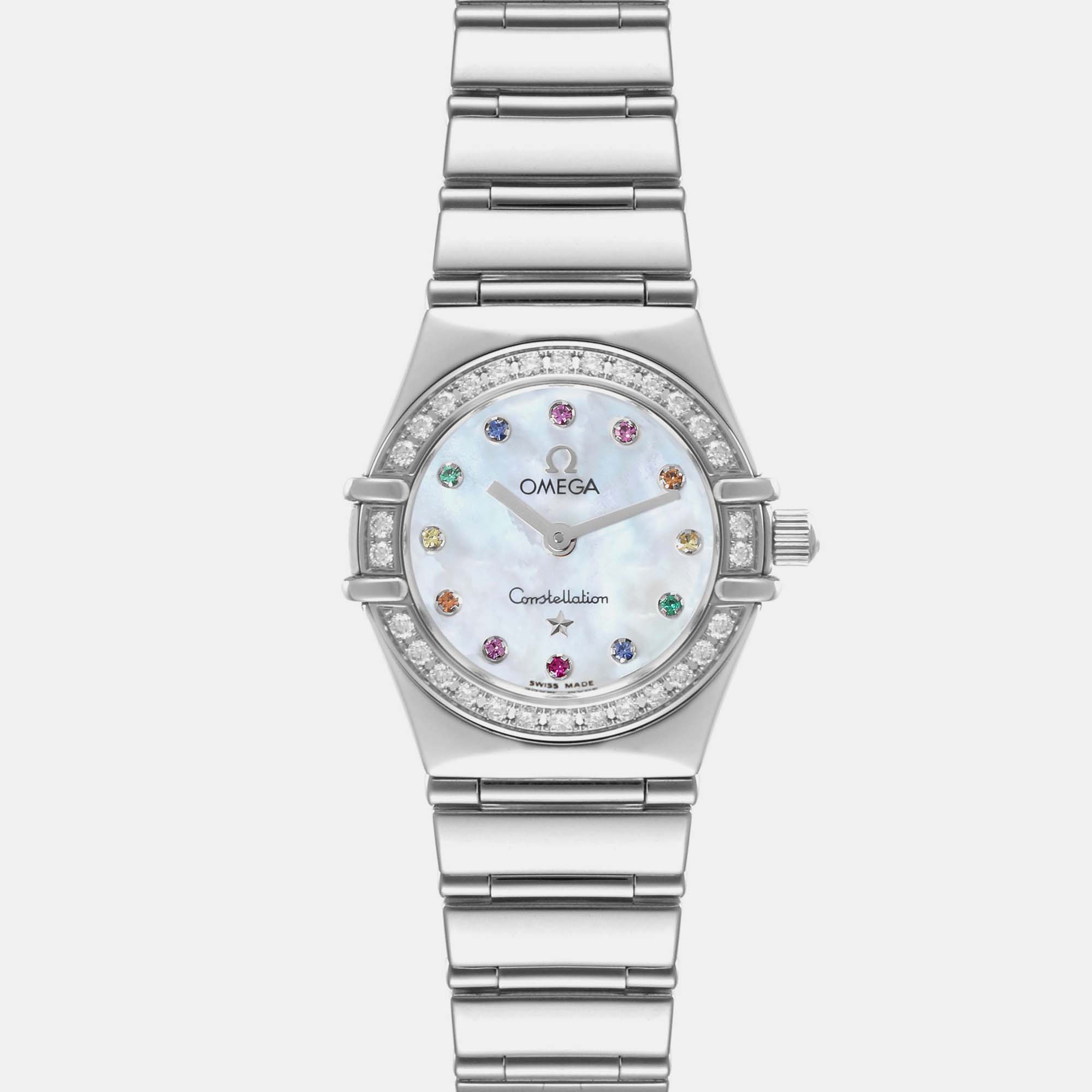 Omega mother of pearl diamond stainless steel constellation 1465.79.00 quartz women's wristwatch 22.5 mm