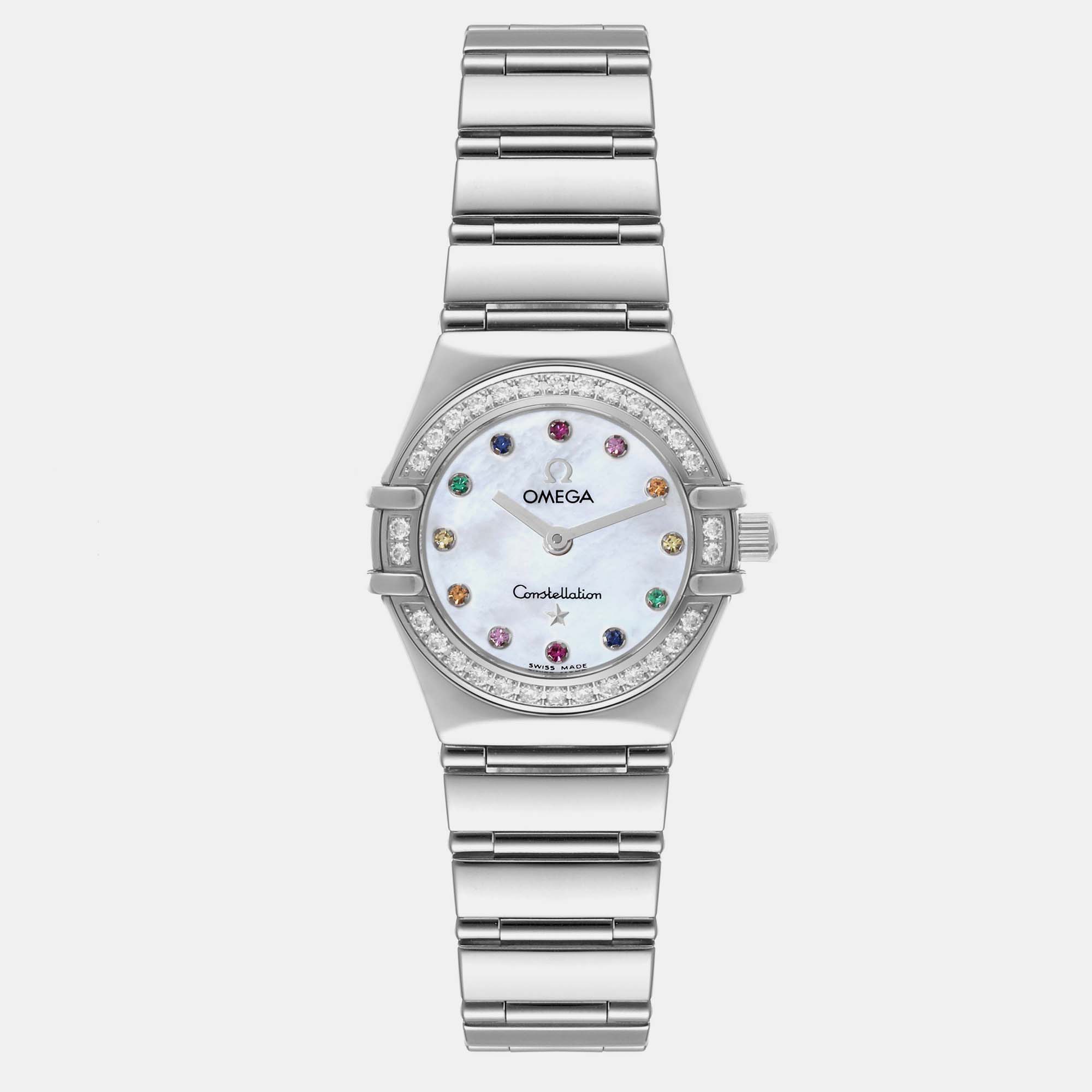 Omega mother of pearl diamond stainless steel constellation 1460.79.00 quartz women's wristwatch 22.5 mm