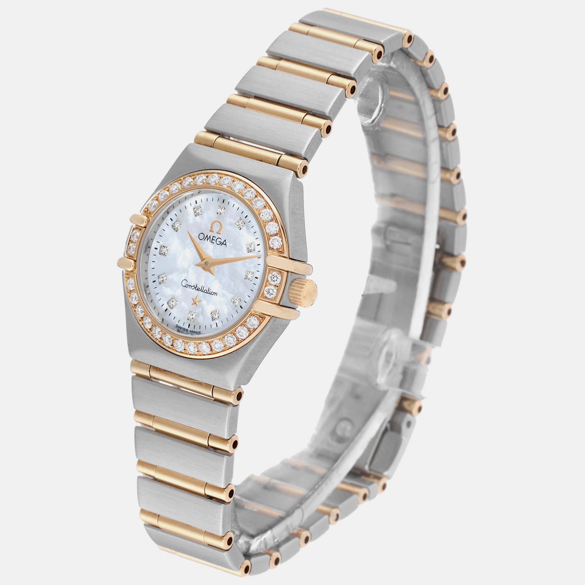 Omega Mother Of Pearl Diamond 18k Yellow Gold And Stainless Steel Constellation 1267.75.00 Quartz Women's Wristwatch 22.5 Mm