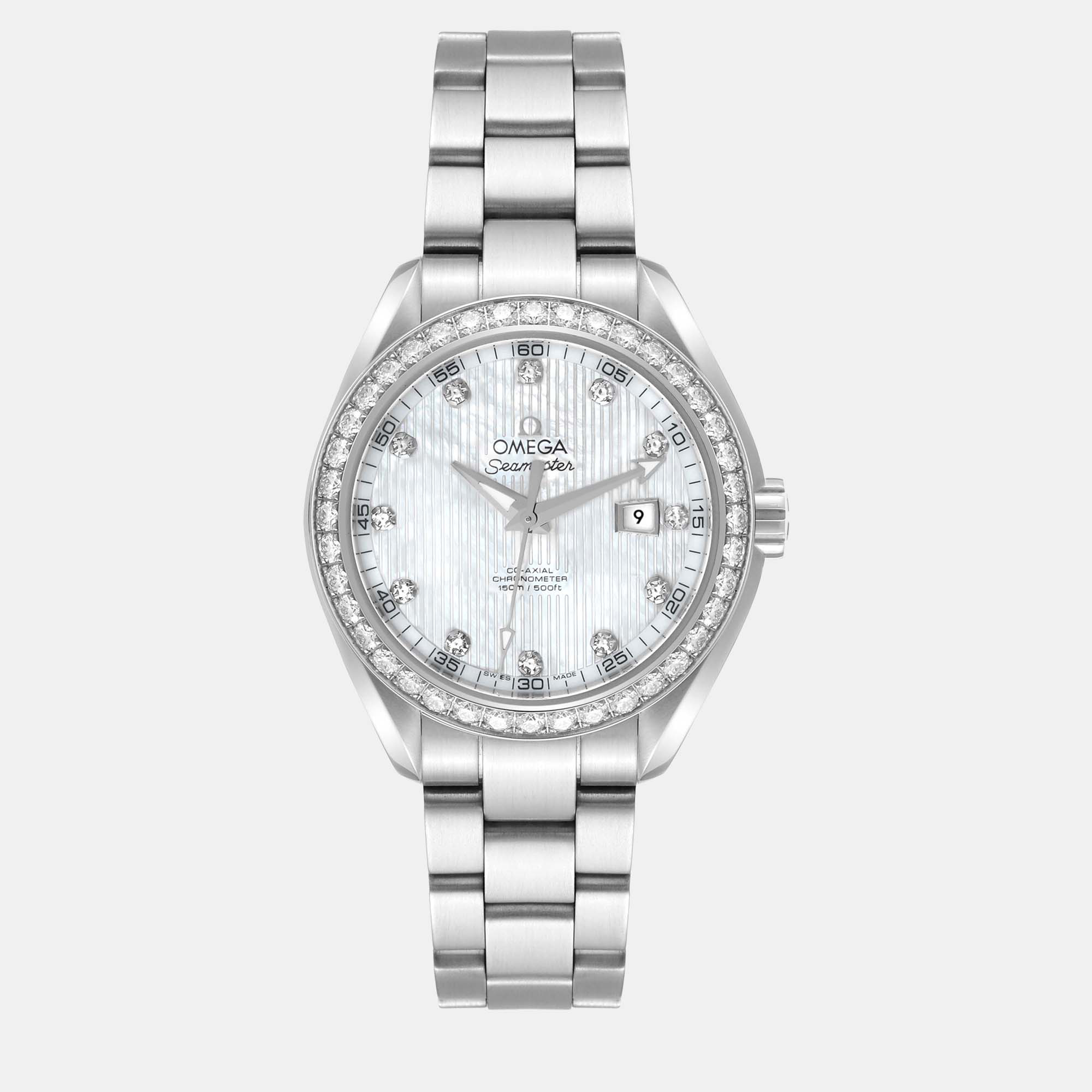 Omega Silver Mother Of Pearl Diamond Stainless Steel Aqua Terra 231.15.34.20.55.001 Automatic Women's Wristwatch 34 Mm