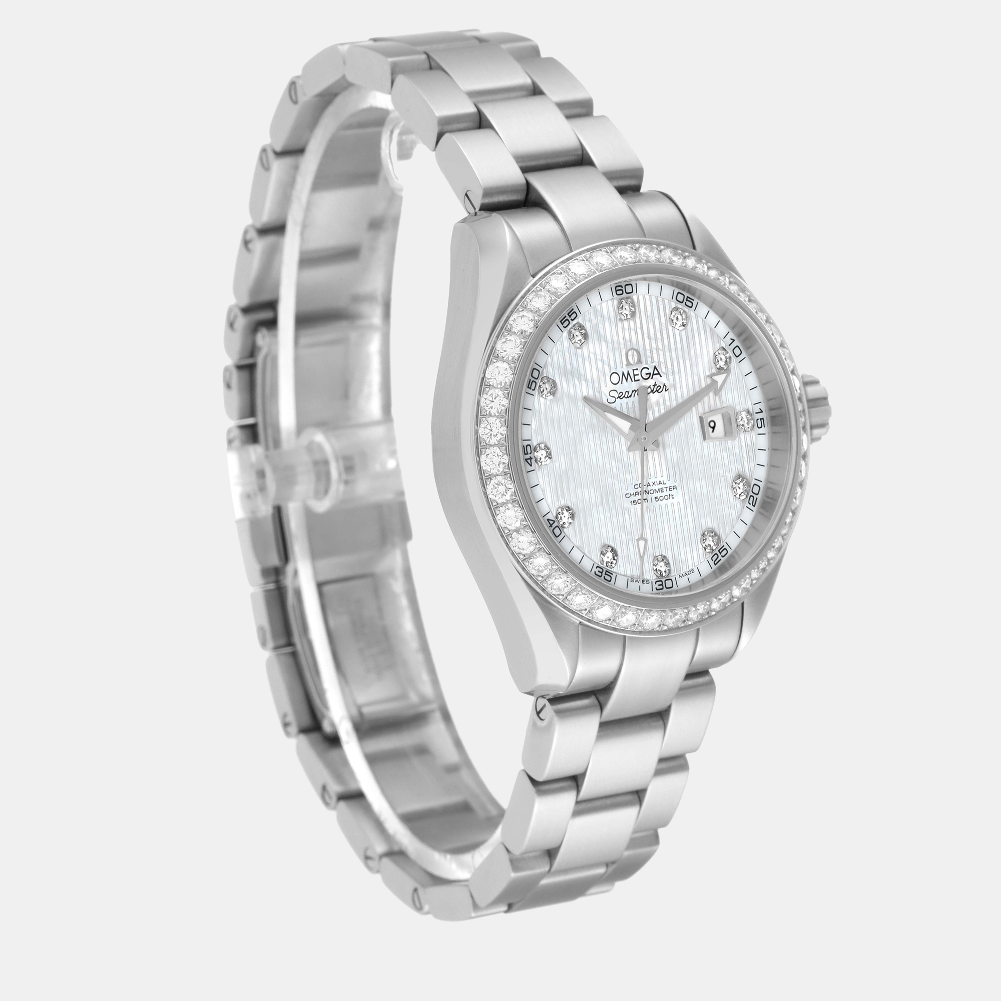 Omega Silver Mother Of Pearl Diamond Stainless Steel Aqua Terra 231.15.34.20.55.001 Automatic Women's Wristwatch 34 Mm