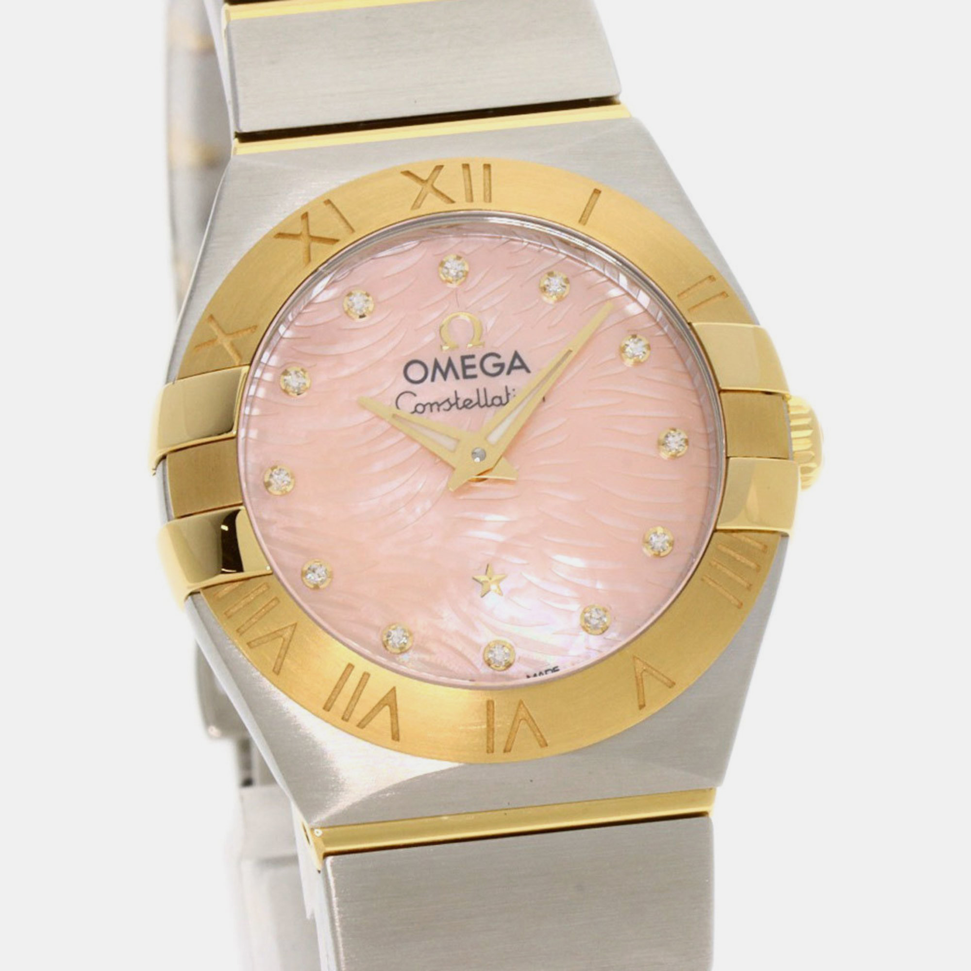 Omega Pink Shell Diamond 18k Yellow Gold And Stainless Steel Constellation 123.20.24.60.57.004 Quartz Women's Wristwatch 24 Mm