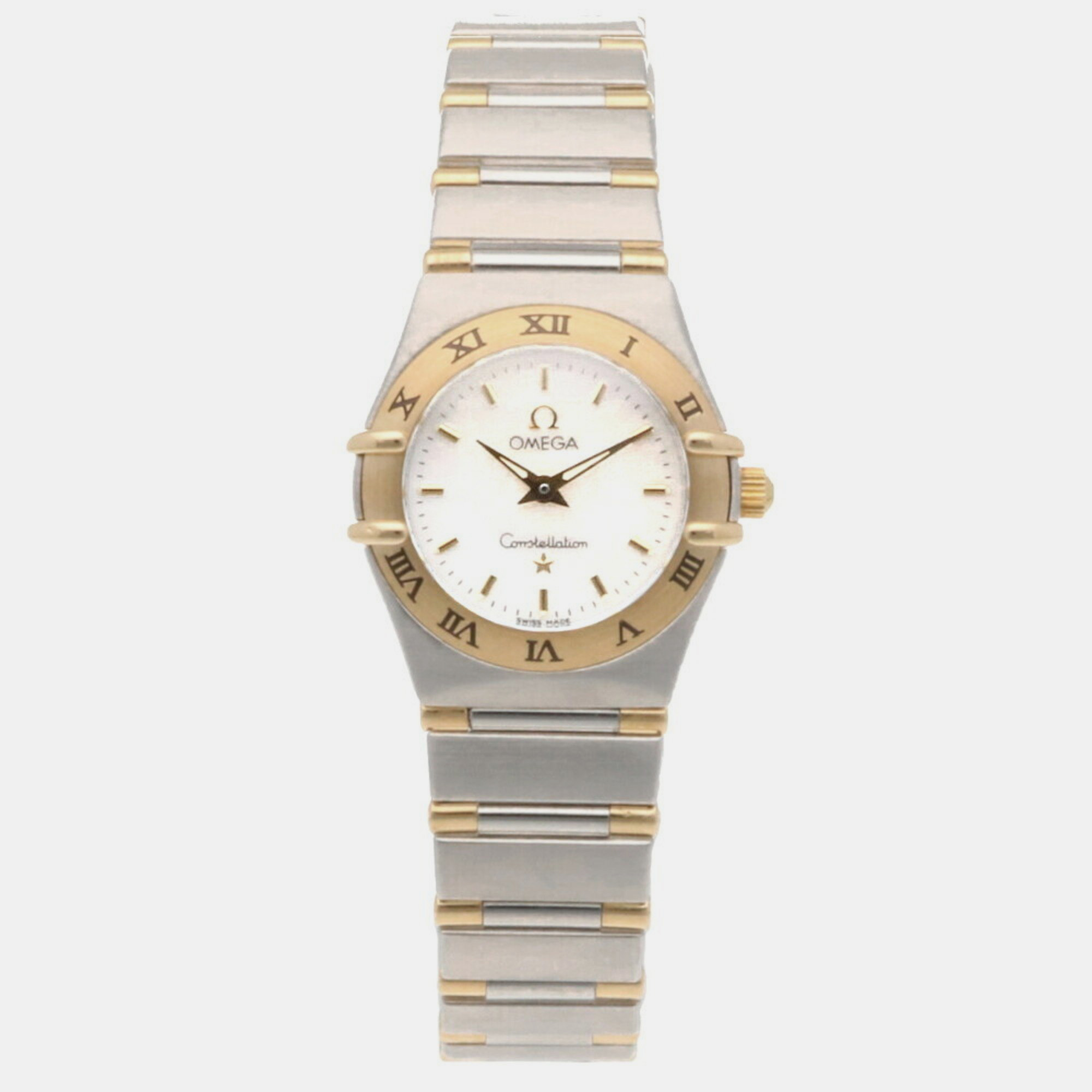 Omega White 18k Yellow Gold Stainless Steel Constellation Quartz Women's Wristwatch 23 Mm