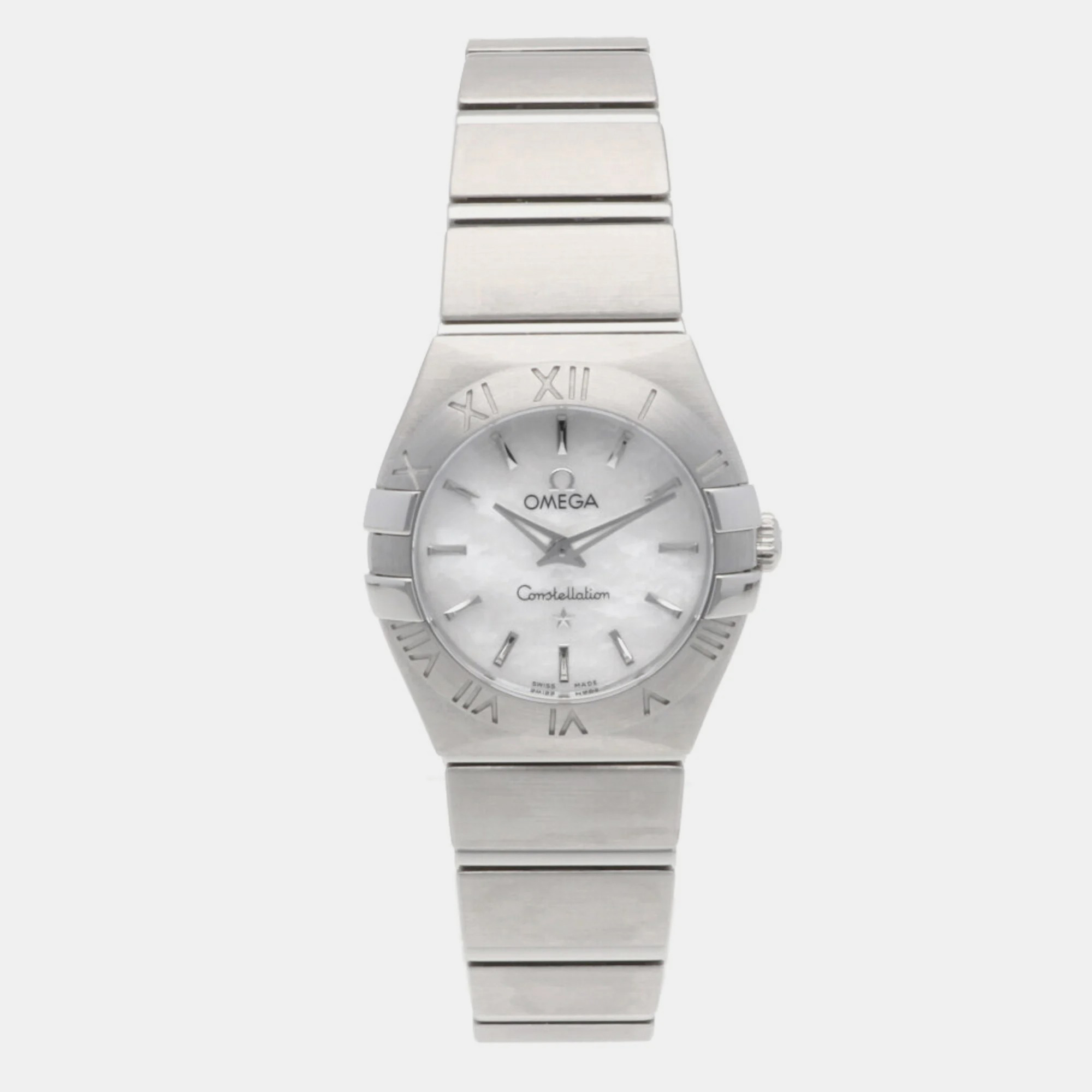Omega White Shell Stainless Steel Constellation Quartz Women's Wristwatch 24 Mm