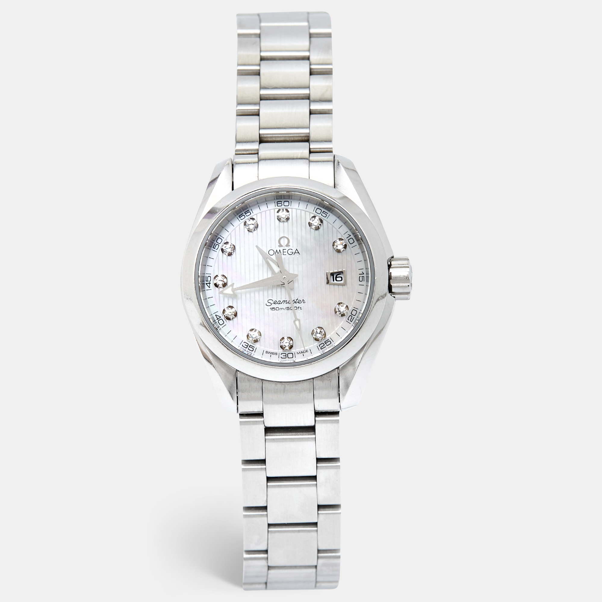 Omega mother of pearl diamond stainless steel seamaster aqua terra 231.10.30.60.55.001 women's wristwatch 30 mm