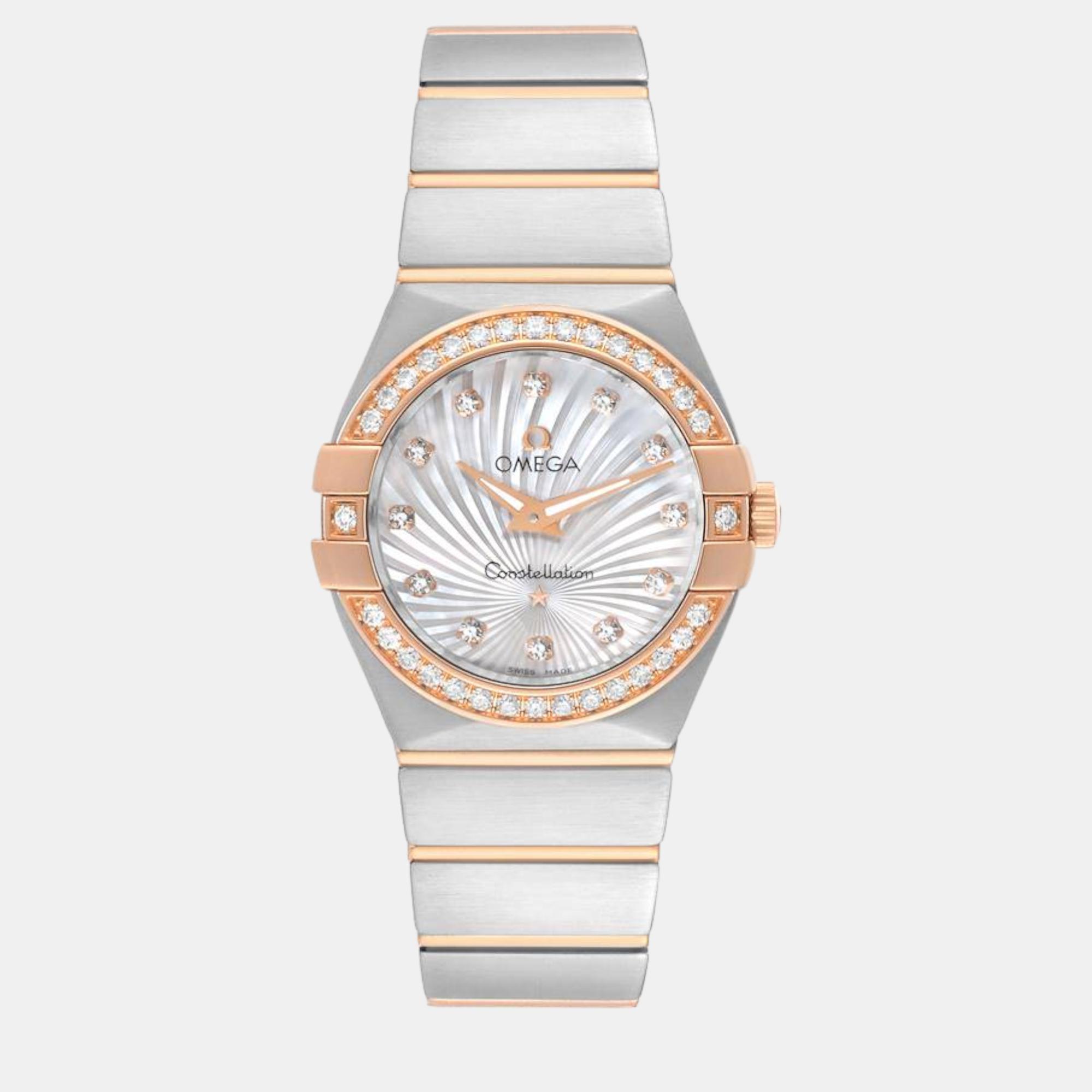 Omega mother of pearl diamond 18k rose gold stainless steel constellation quartz women's wristwatch 27 mm