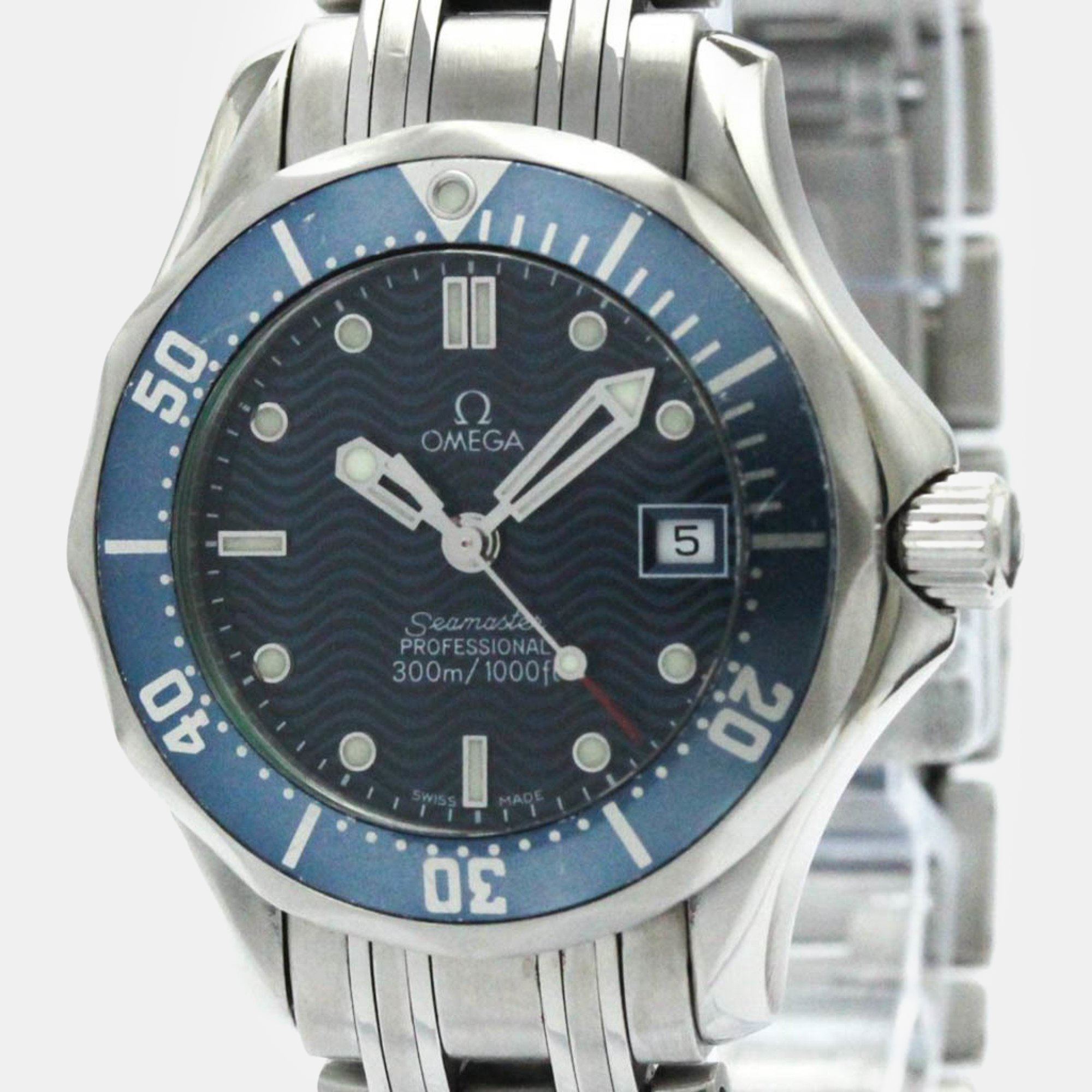 Omega blue stainless steel seamaster quartz women's wristwatch 29 mm
