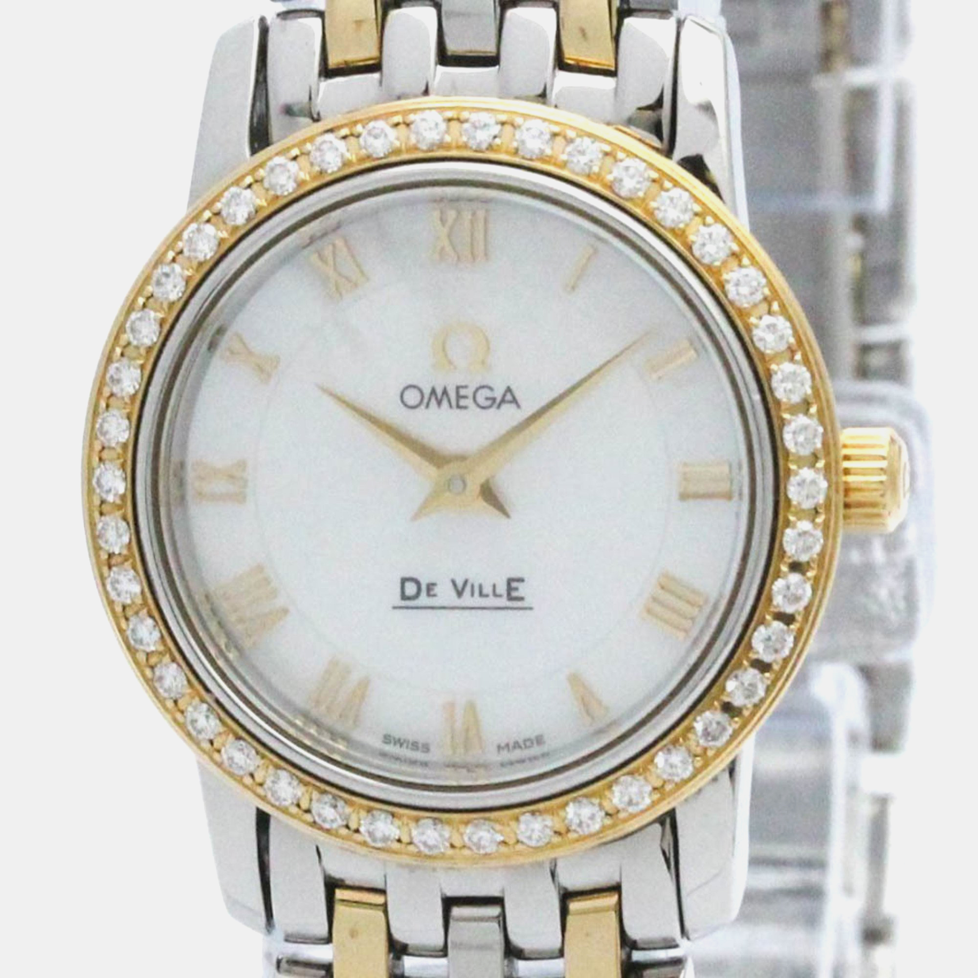 Omega white shell 18k yellow gold stainless steel de ville prestige quartz women's wristwatch 22 mm