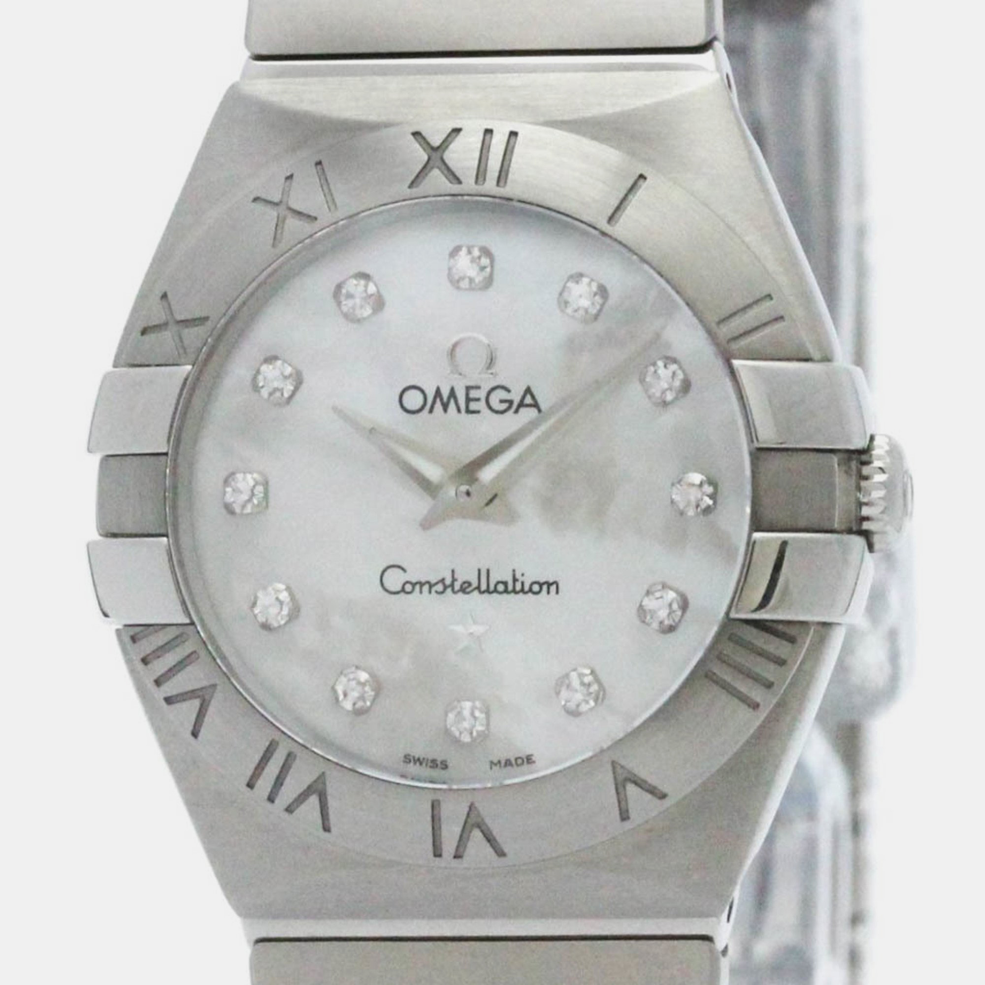 Omega white shell diamond stainless steel constellation 123.10.24.60.55.001 quartz women's wristwatch 24 mm