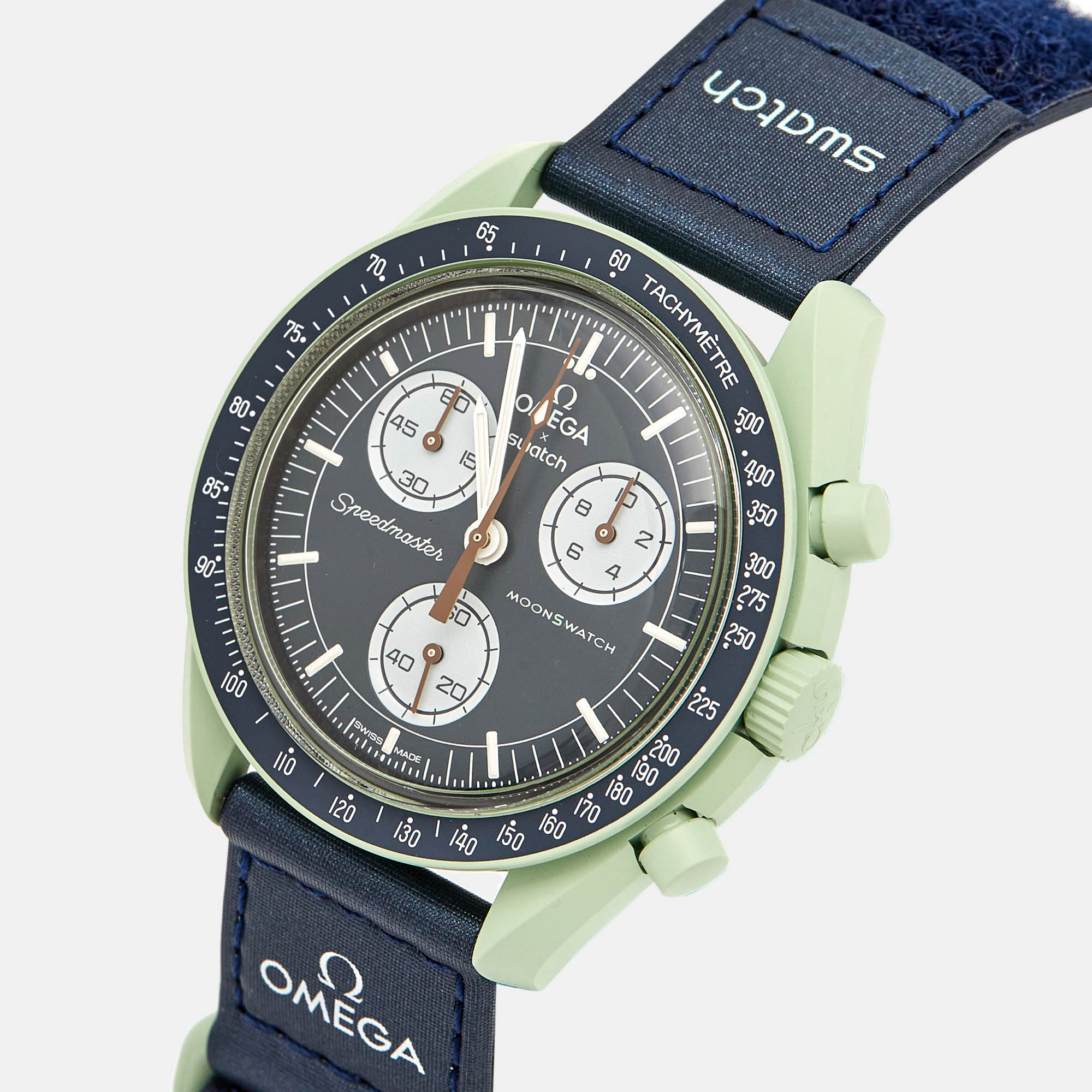 Omega X Swatch Navy Blue/Green Bioceramic Velcro MoonSwatch Mission To Earth S033G100 Unisex Wristwatch 42 Mm