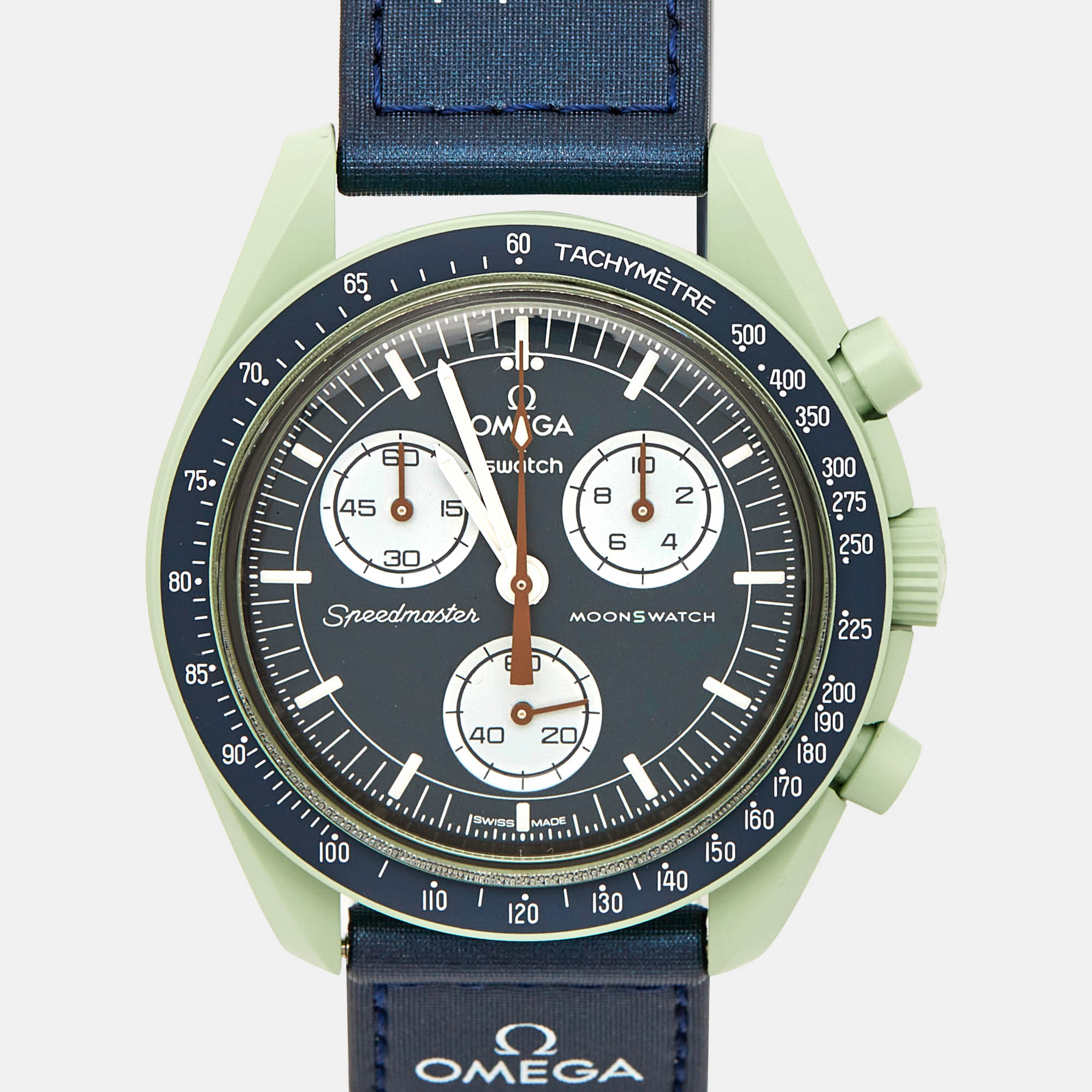 Omega X Swatch Navy Blue/Green Bioceramic Velcro MoonSwatch Mission To Earth S033G100 Unisex Wristwatch 42 Mm