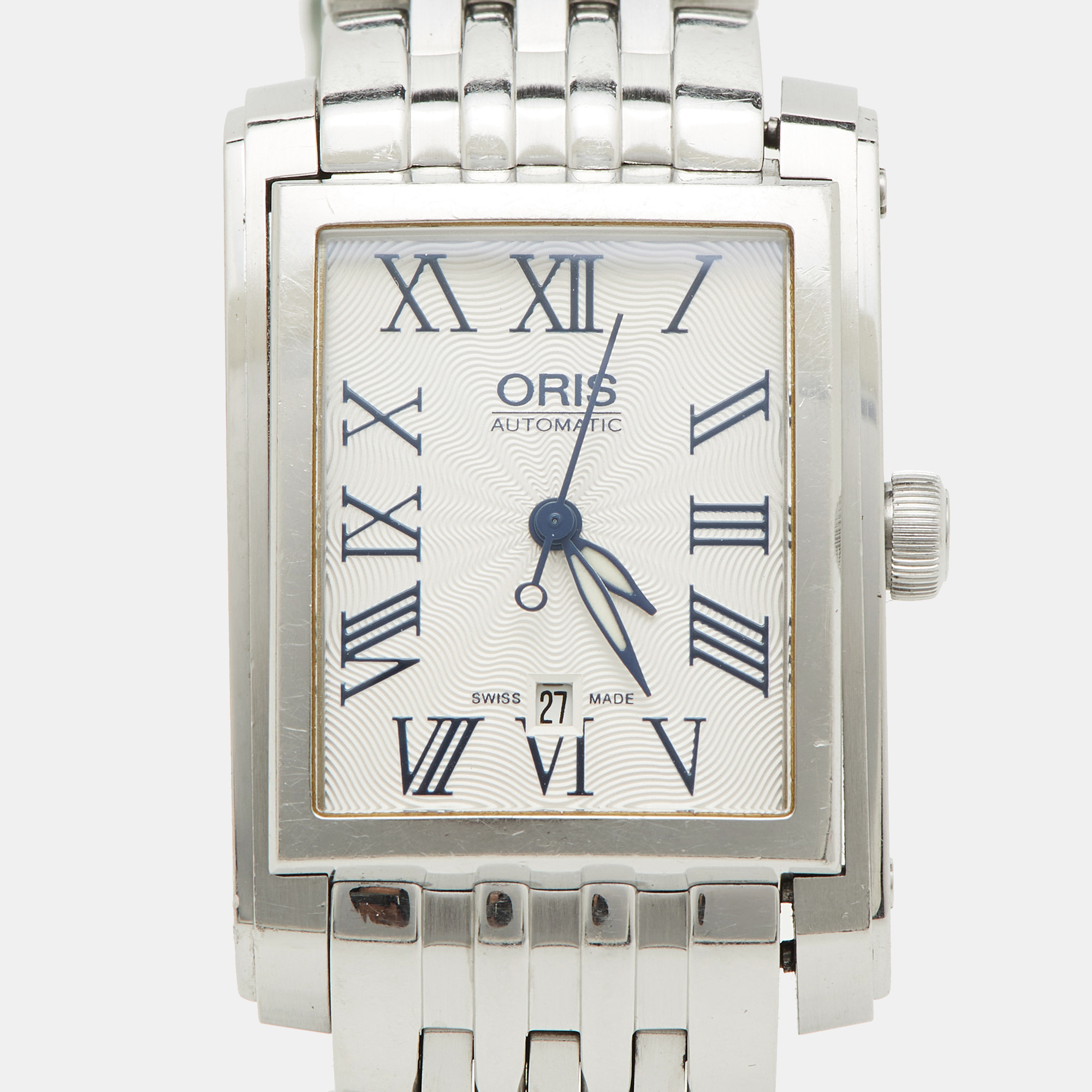 Oris Silver Guilloche Stainless Steel Rectangular Date 01 561 7656 4071-07 8 17 82 Women's Wristwatch 24.50 Mm