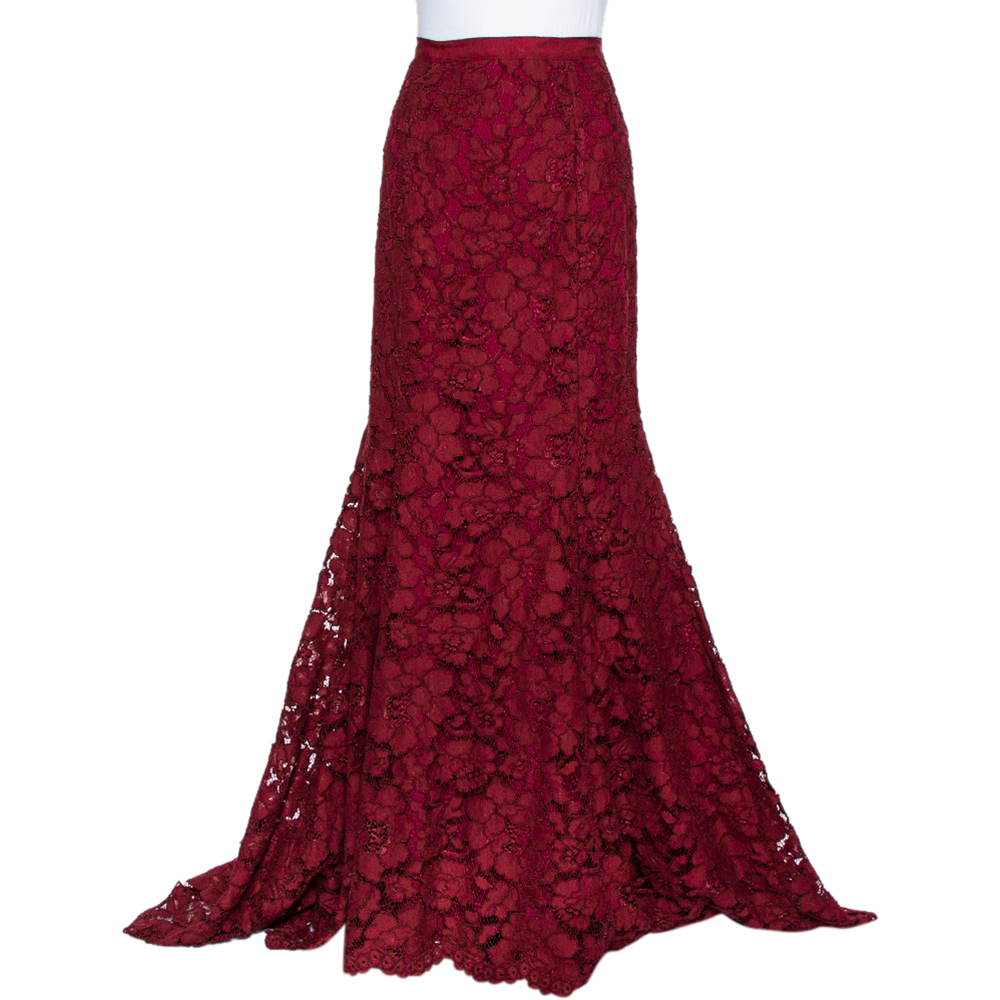 Oscar de la Renta Burgundy Lace Asymmetric Hem Maxi Skirt M