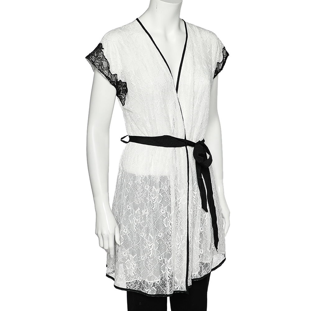 Oscar De La Renta Monochrome Lace Nightwear Wrap Dress M