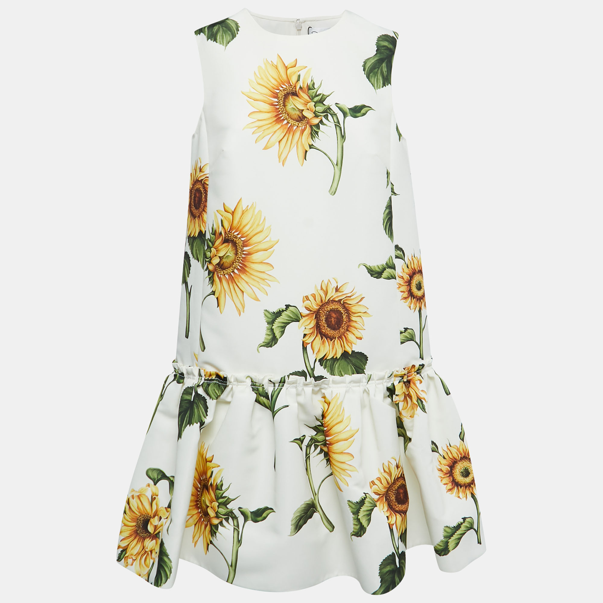 Oscar De La Renta White Sunflower Printed Faille Shift Dress M