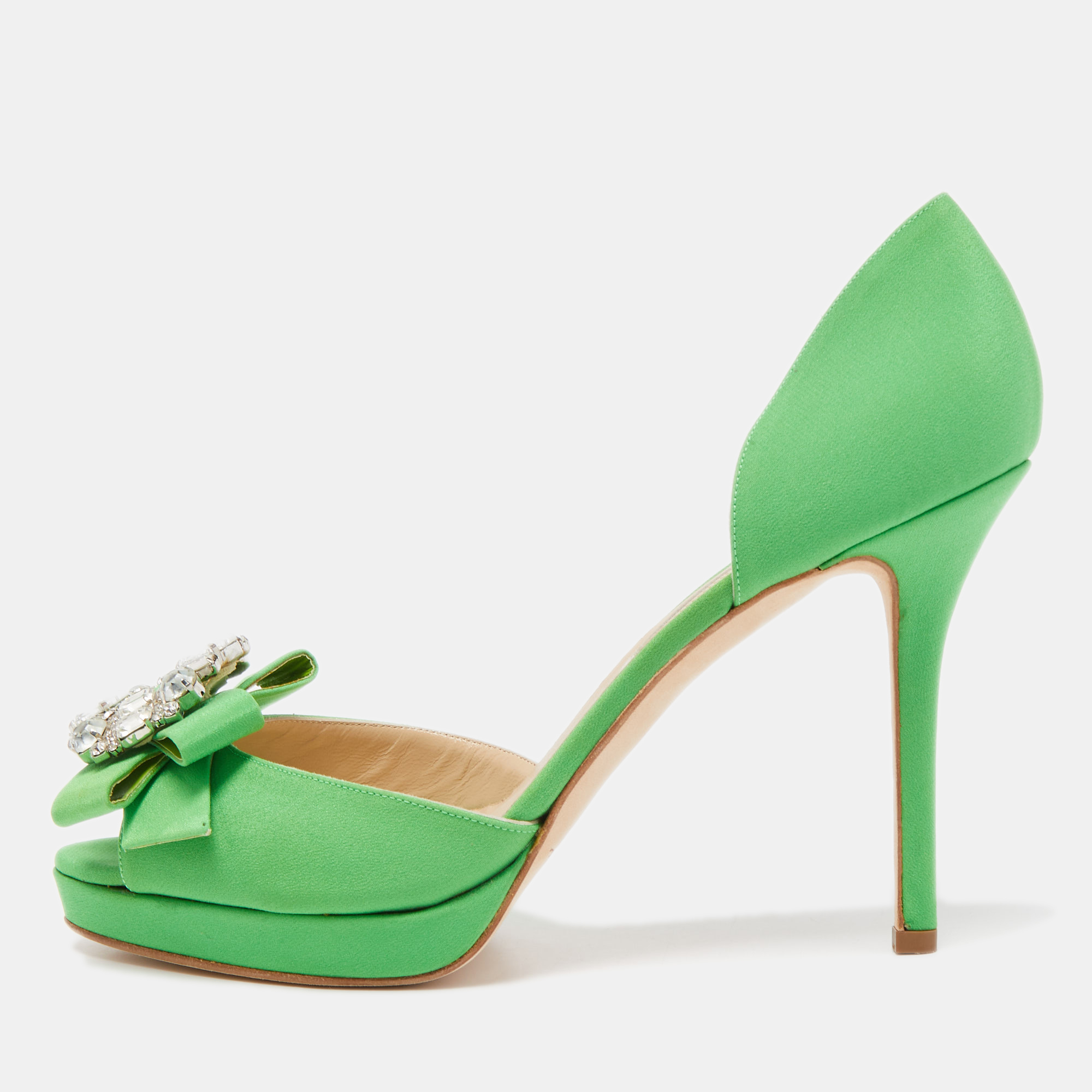 Oscar de la renta green fabric crystal embellished rosalba d' orsay peep toe pumps size 40