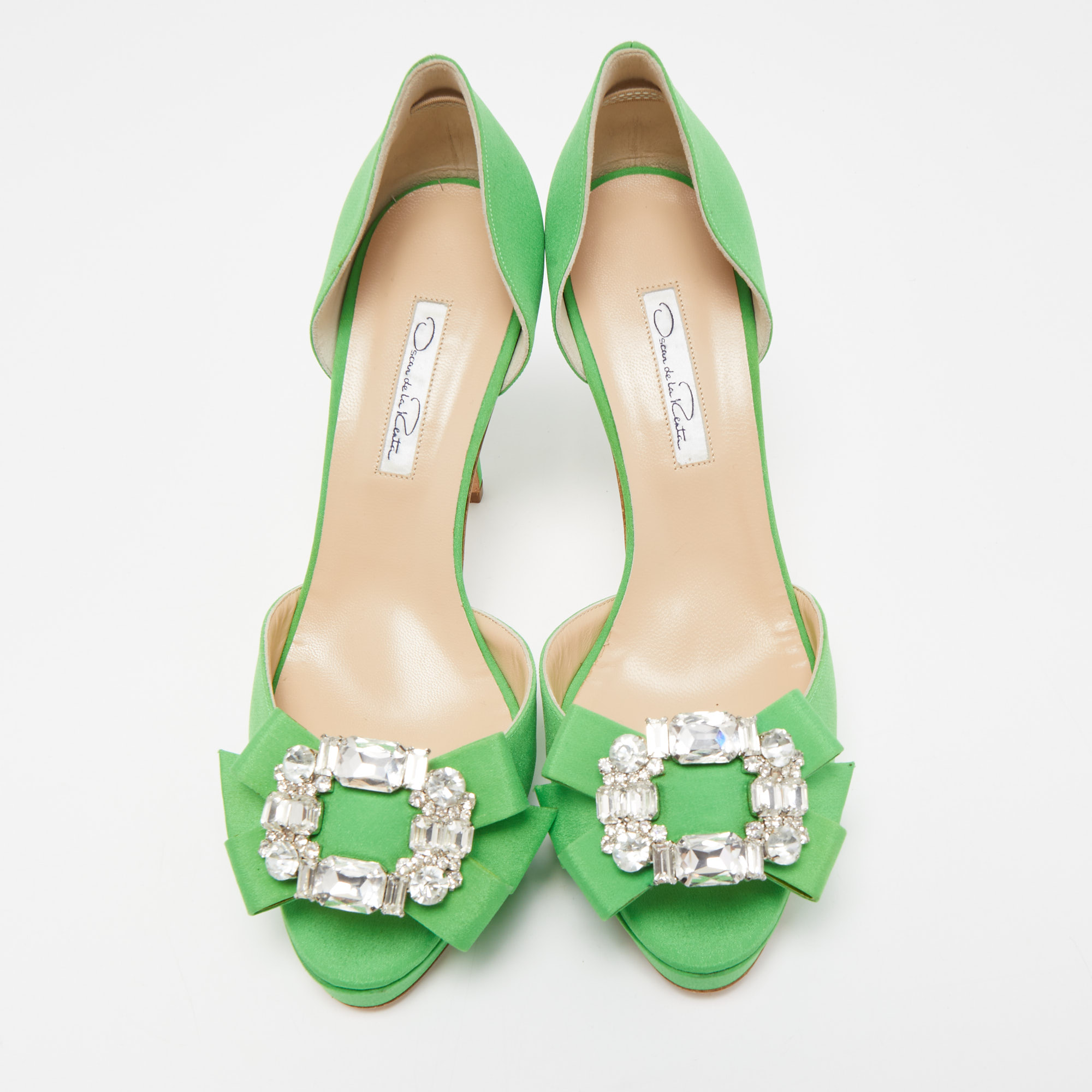 Oscar De La Renta Green Fabric Crystal Embellished Rosalba D' Orsay Peep Toe Pumps Size 40