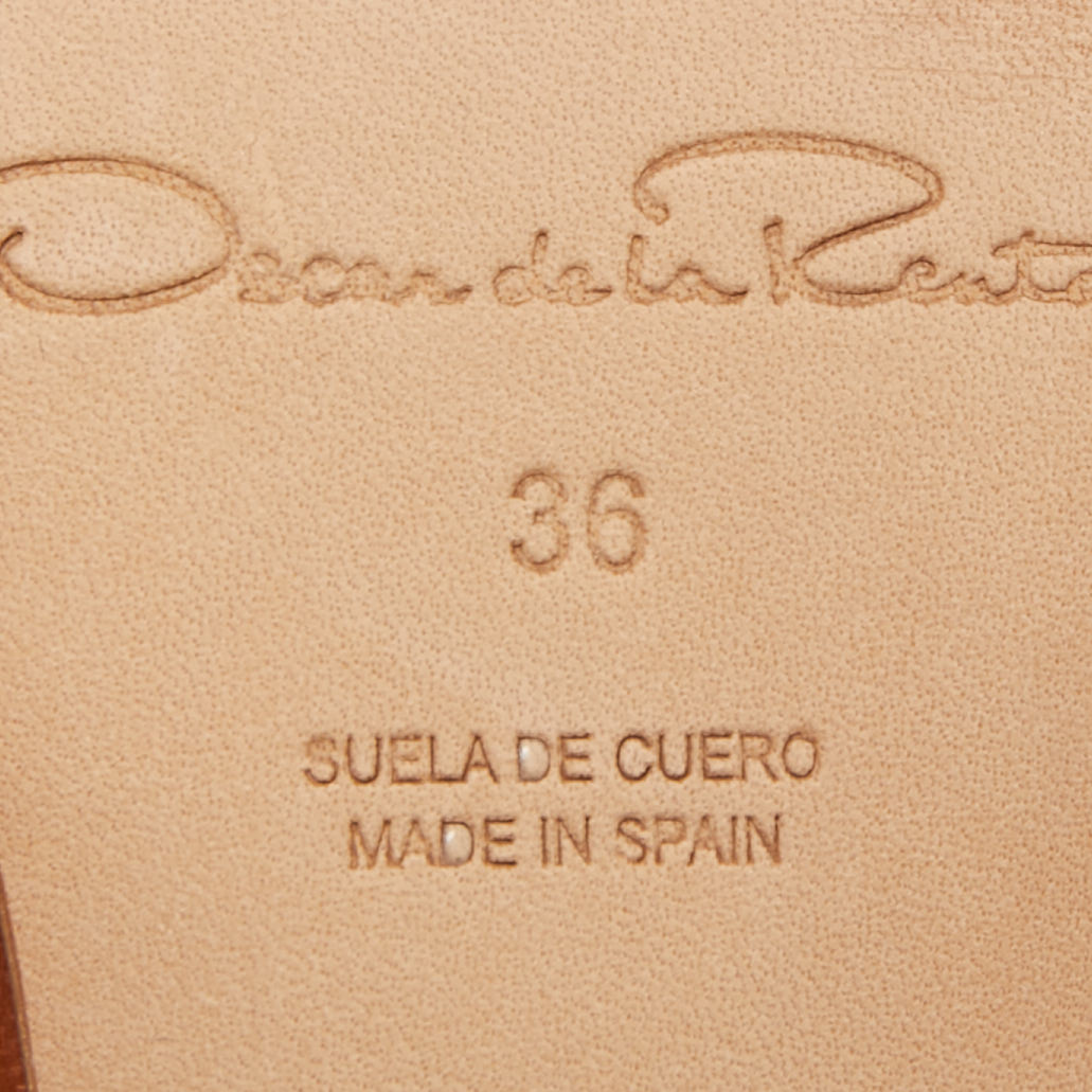 Oscar De La Renta Brown Canvas And Leather Spanish Embellished Flat Mules Size 36