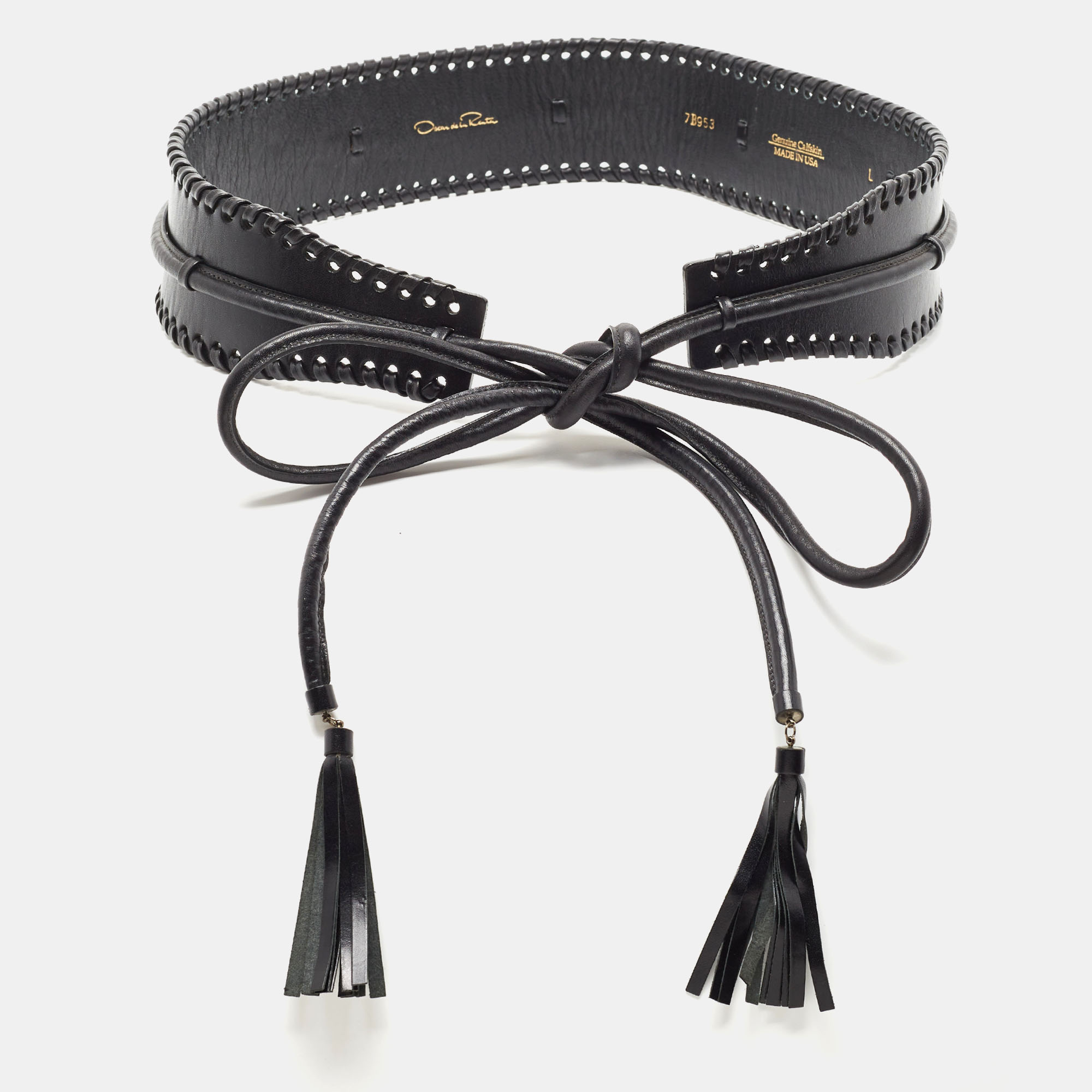 Oscar De La Renta Black Leather Whipstitch Detail Wrap Around Waist Belt L