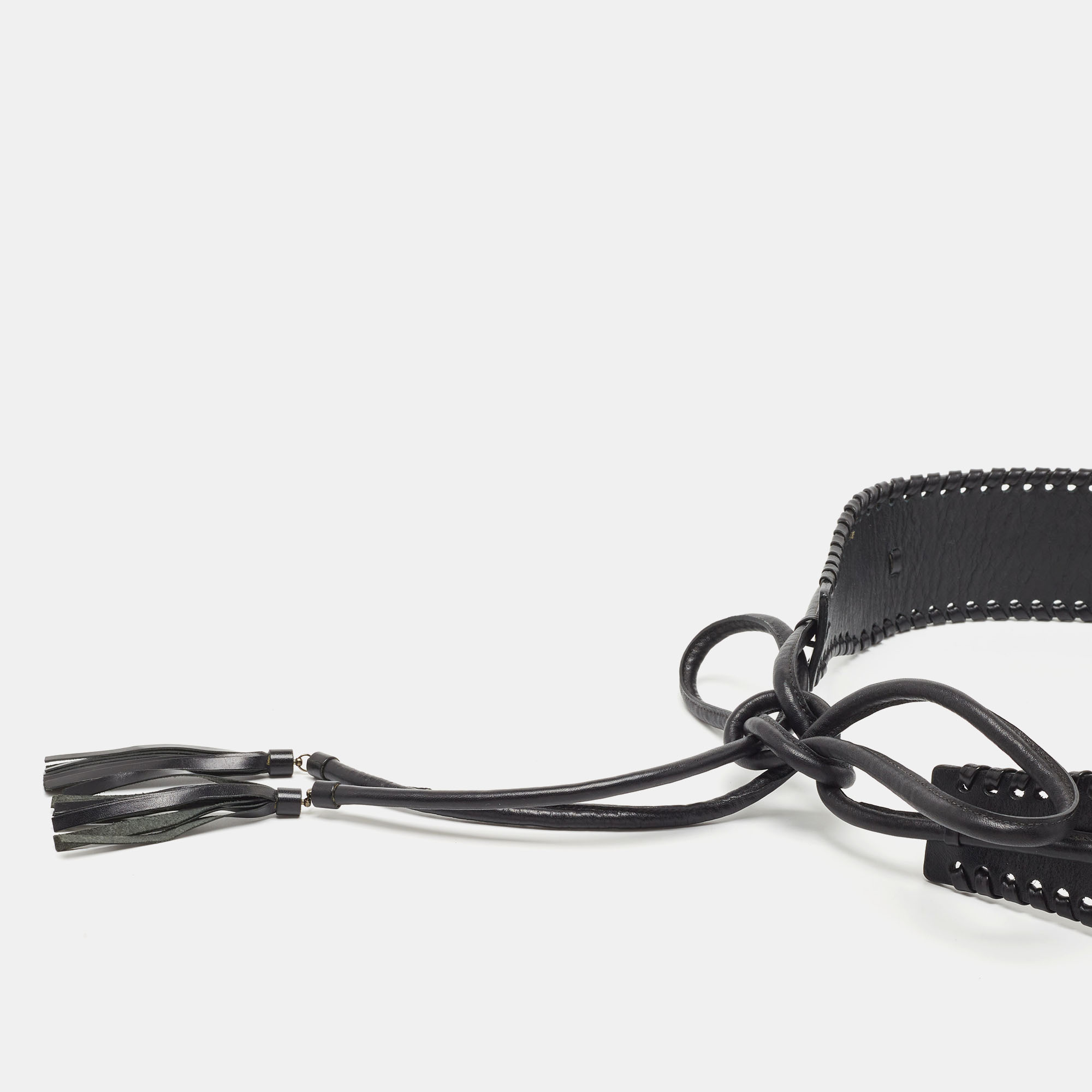 Oscar De La Renta Black Leather Whipstitch Detail Wrap Around Waist Belt L