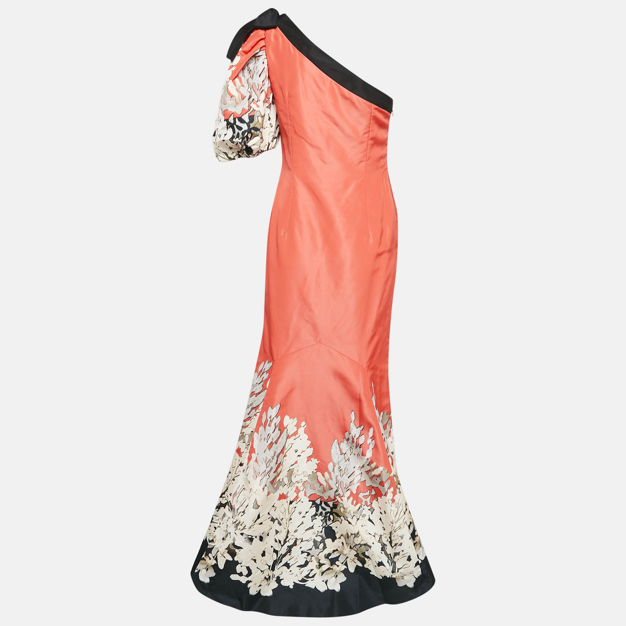 Oscar De La Renta Orange Abstract Print Silk One-Shoulder Gown M