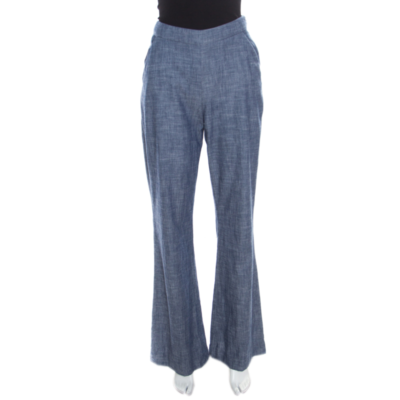 Oscar De La Renta Blue Cotton High Waisted Wide Leg Trousers M