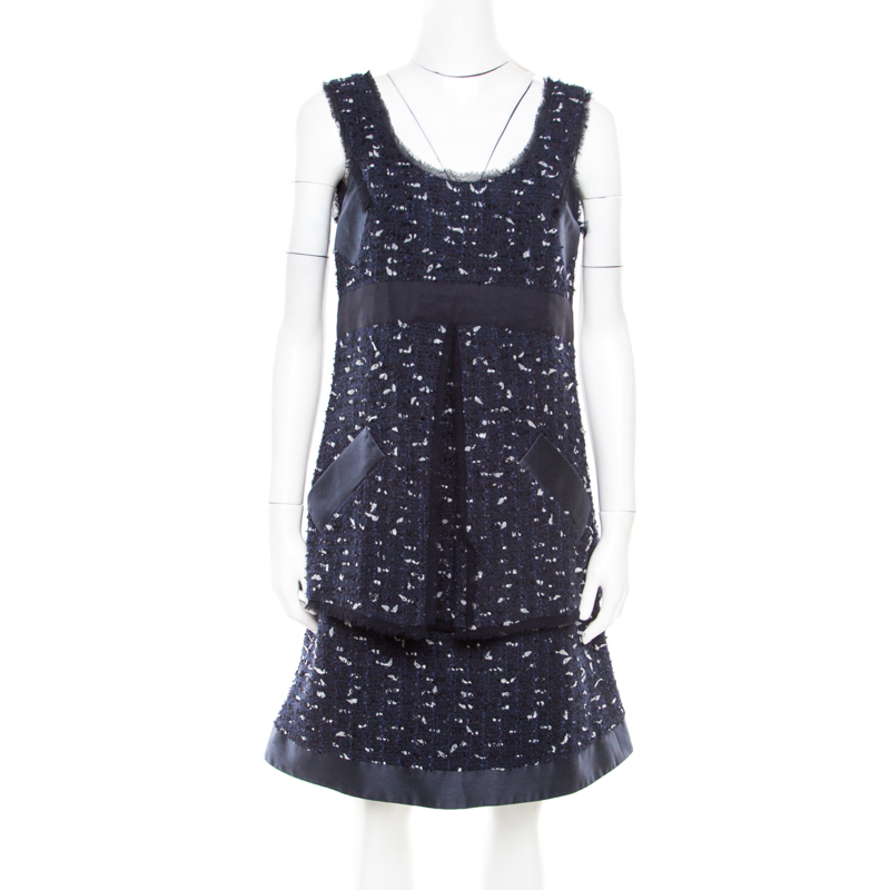Image of Oscar de la Renta Navy Blue Boucle Tweed Sleeveless Dress M
