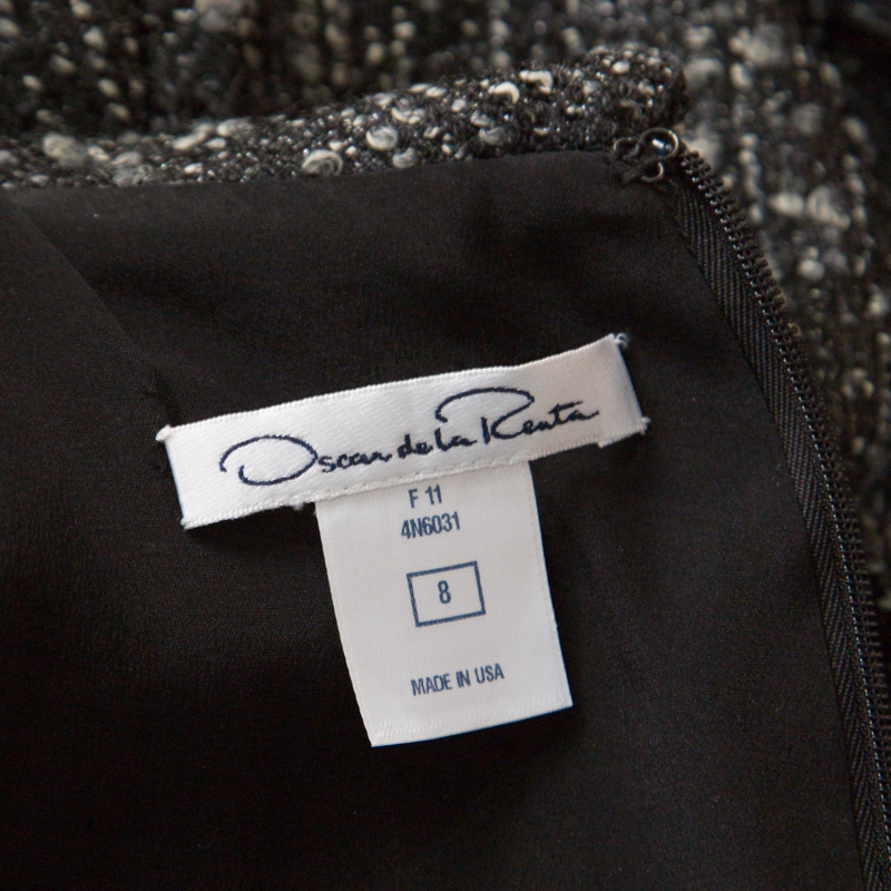 Oscar De La Renta Grey Textured Lurex Plunge Neck Detail Short Sleeve Dress M