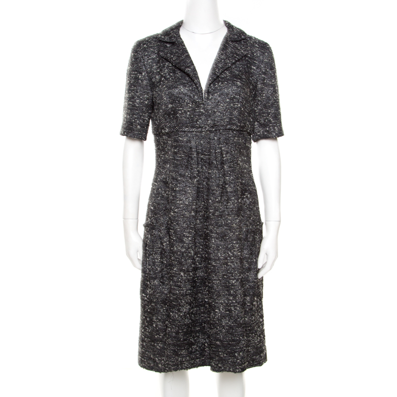 

Oscar de la Renta Grey Textured Lurex Plunge Neck Detail Short Sleeve Dress
