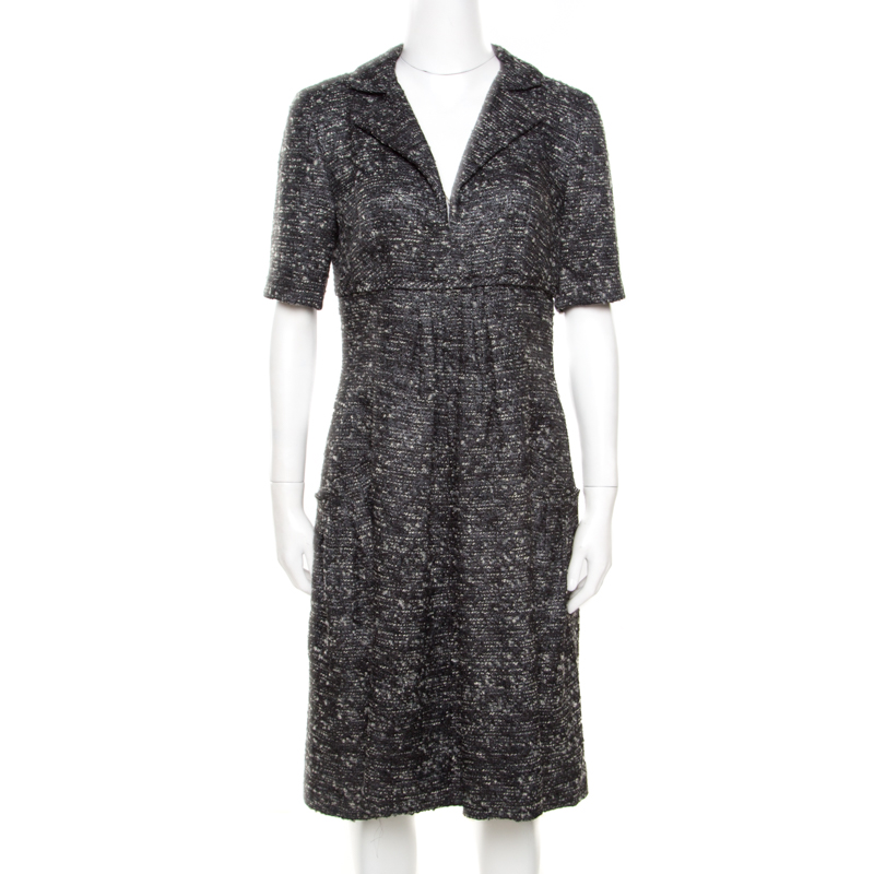 Oscar de la renta grey textured lurex plunge neck detail short sleeve dress m