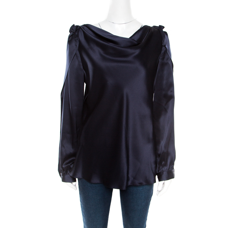 Image of Oscar de la Renta Navy Blue Satin Cowl Neck Long Sleeve Blouse L